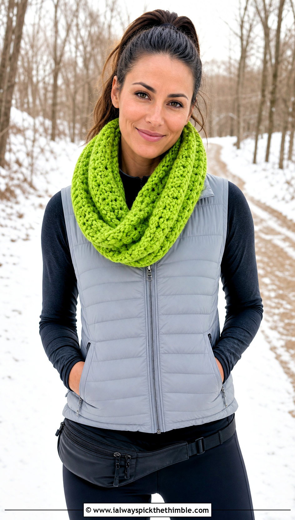 Infinity Crochet Scarf With Puffer Vest - 20 super crochet scarf outfit ideas