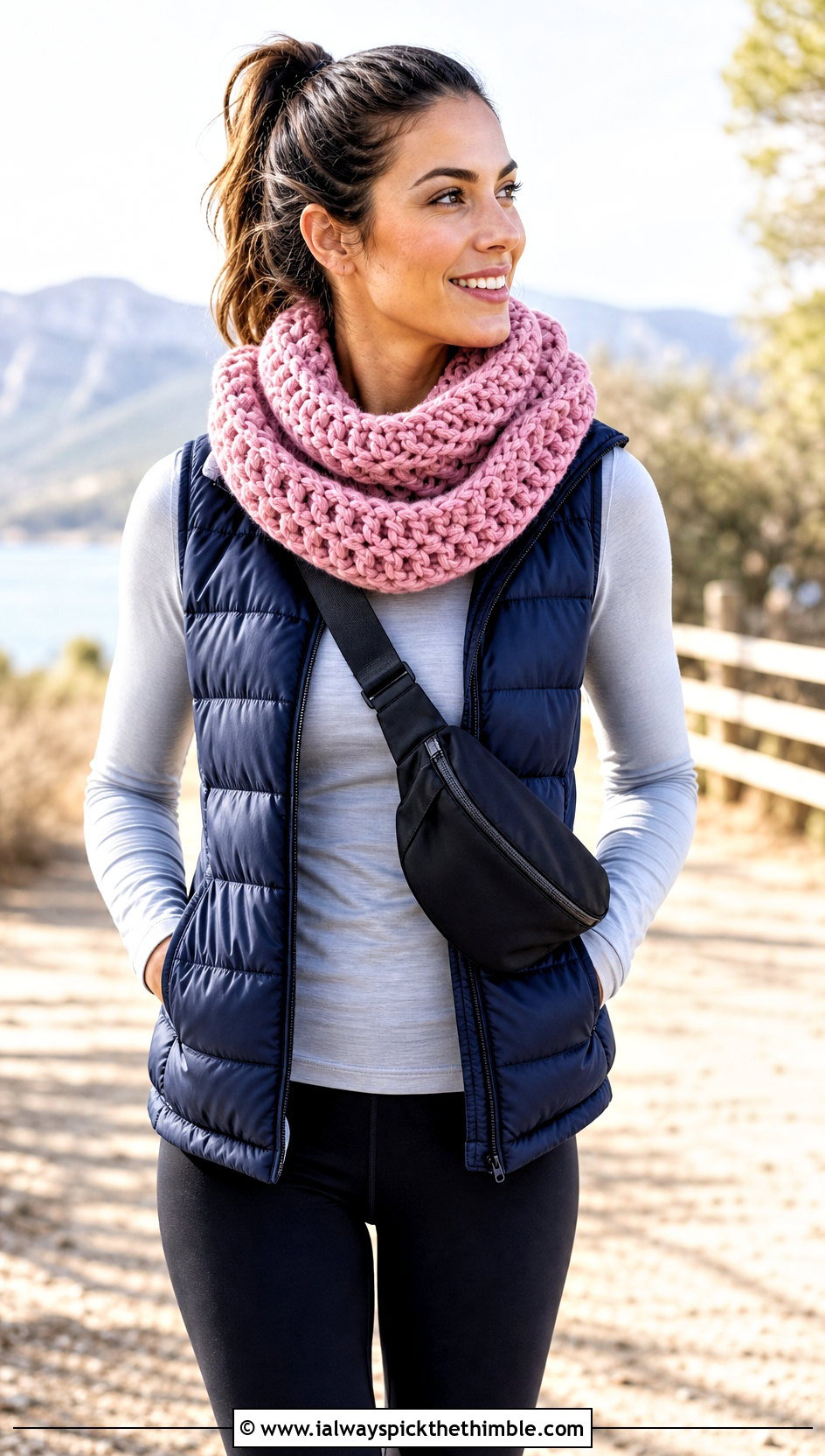 Infinity Crochet Scarf With Puffer Vest And Leggings - 15 Vibrant Crochet Scarf outfit ideas