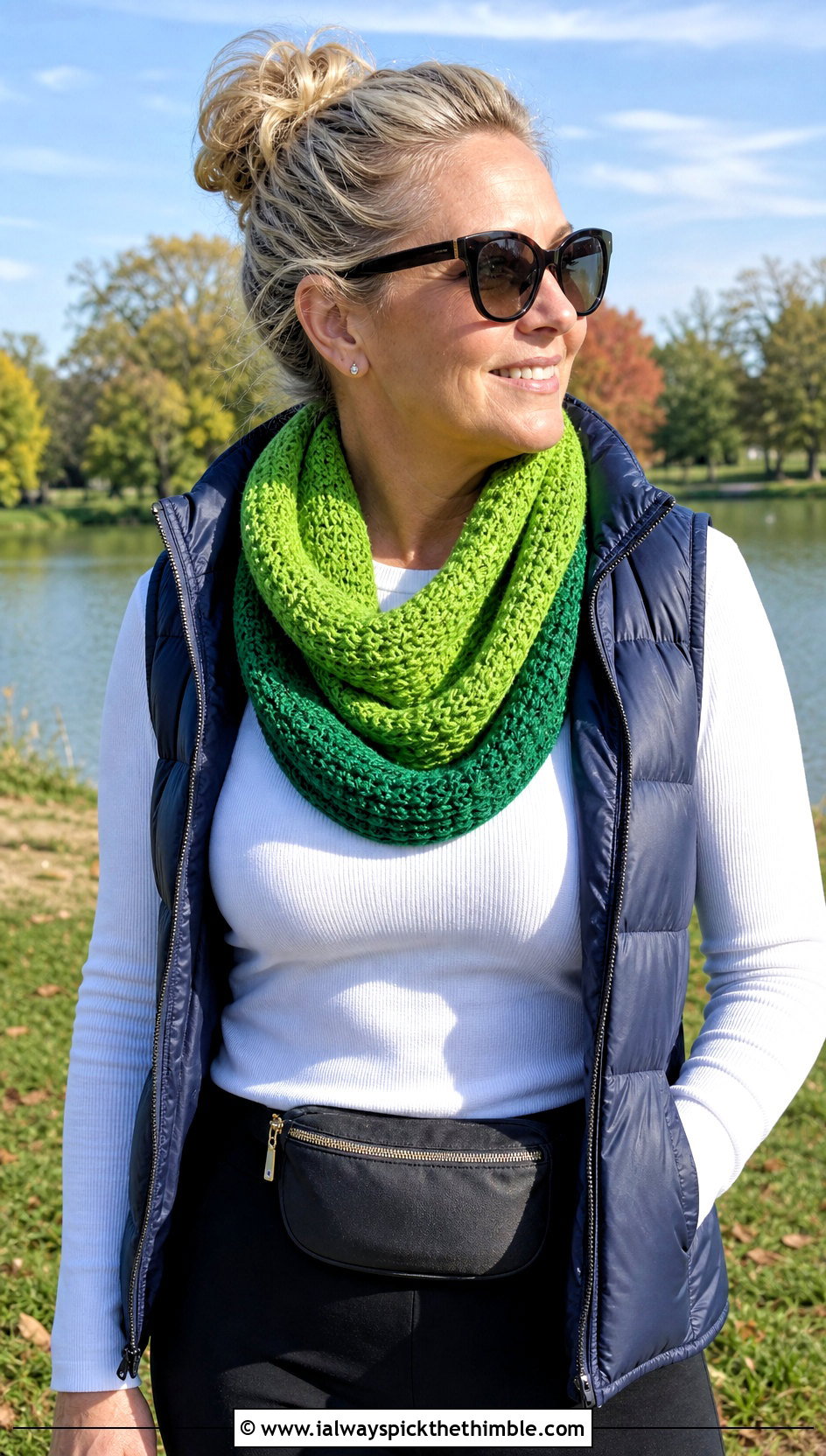 Infinity Crochet Scarf With Puffer Vest - 15 Scheepjes Whirl Crochet Scarf outfit ideas