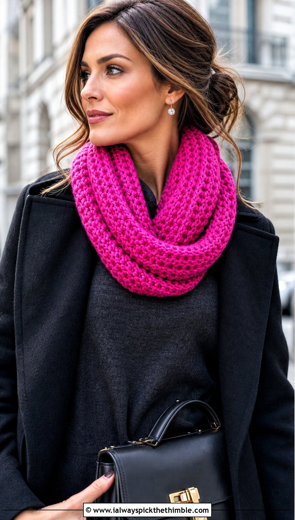 Infinity Crochet Scarf With Sweater Dress And Boots - 25 cute crochet scarf outfit ideas