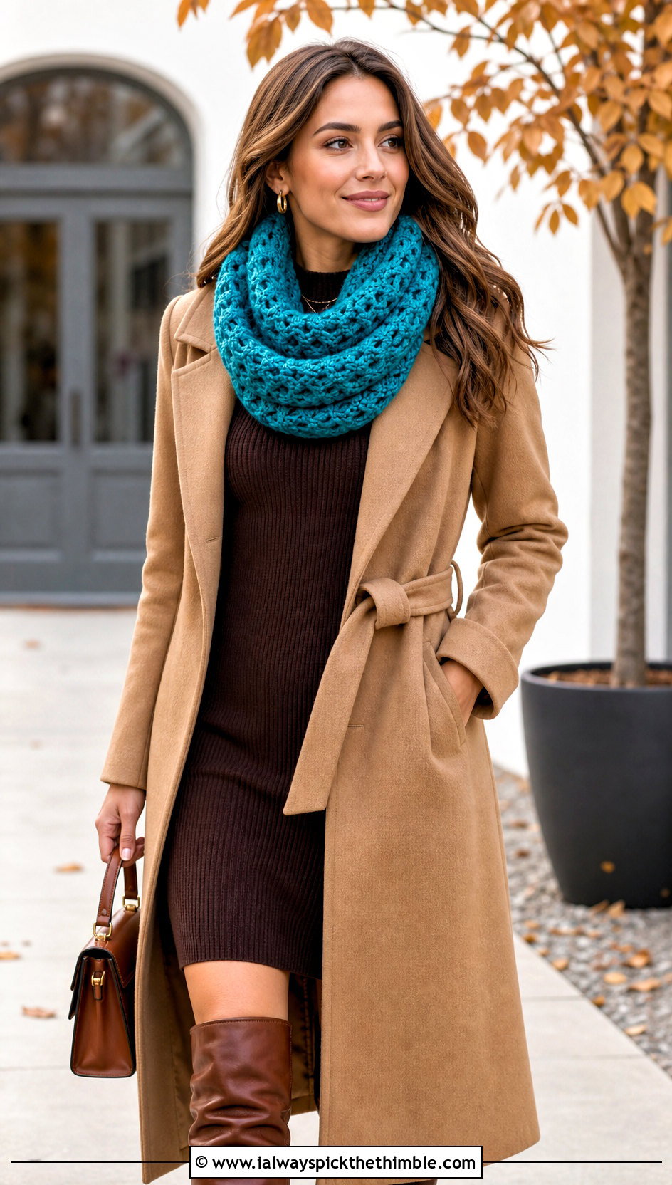 Infinity Crochet Scarf With Sweater Dress - 20 autumn crochet scarf outfit ideas