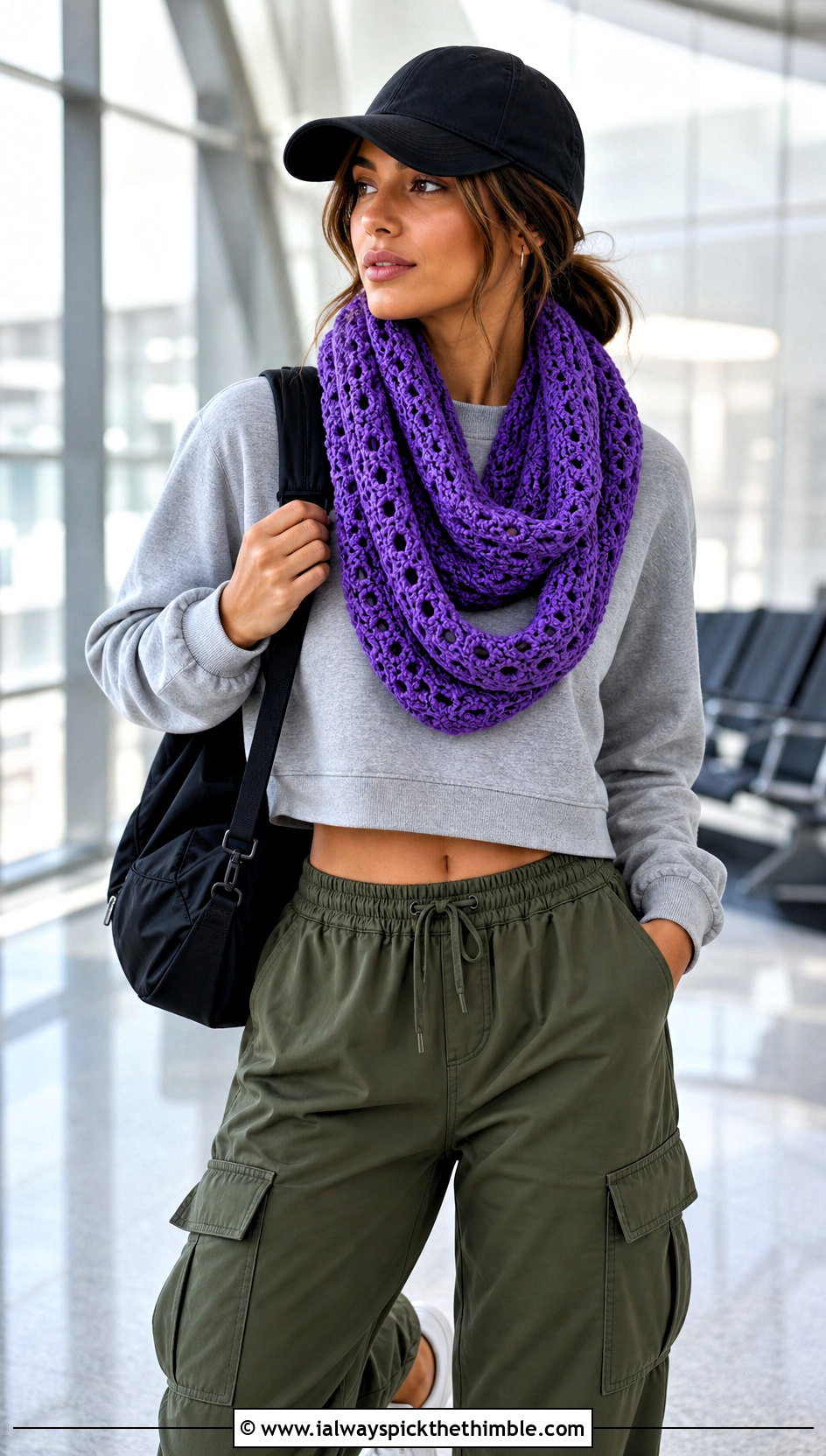 Infinity Crochet Scarf With Sweatshirt And Cargo Pants - 25 simple crochet scarf outfit ideas