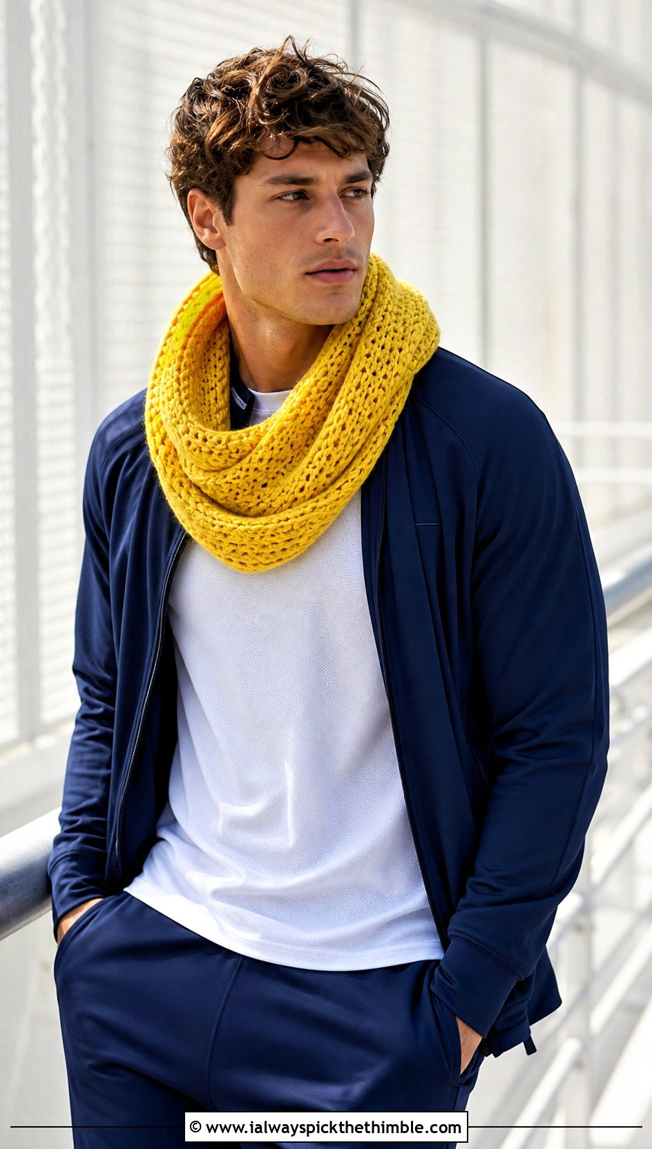 Infinity Crochet Scarf With Tracksuit - 20 men's crocheted scarf outfit ideas