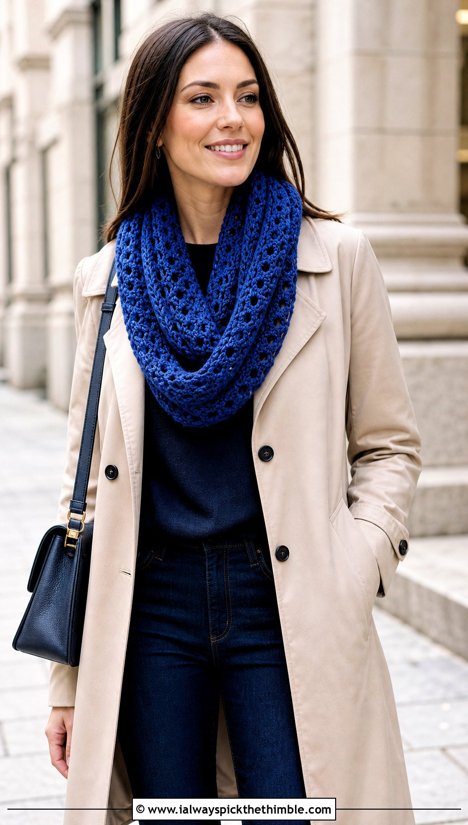 Infinity Crochet Scarf With Trench Coat And Jeans - 20 Quick And Easy Crochet Scarf outfit ideas