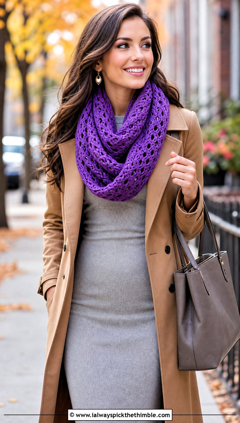 Infinity Crochet Scarf With Trench Coat And Knit Dress - 25 crochet scarf outfit ideas