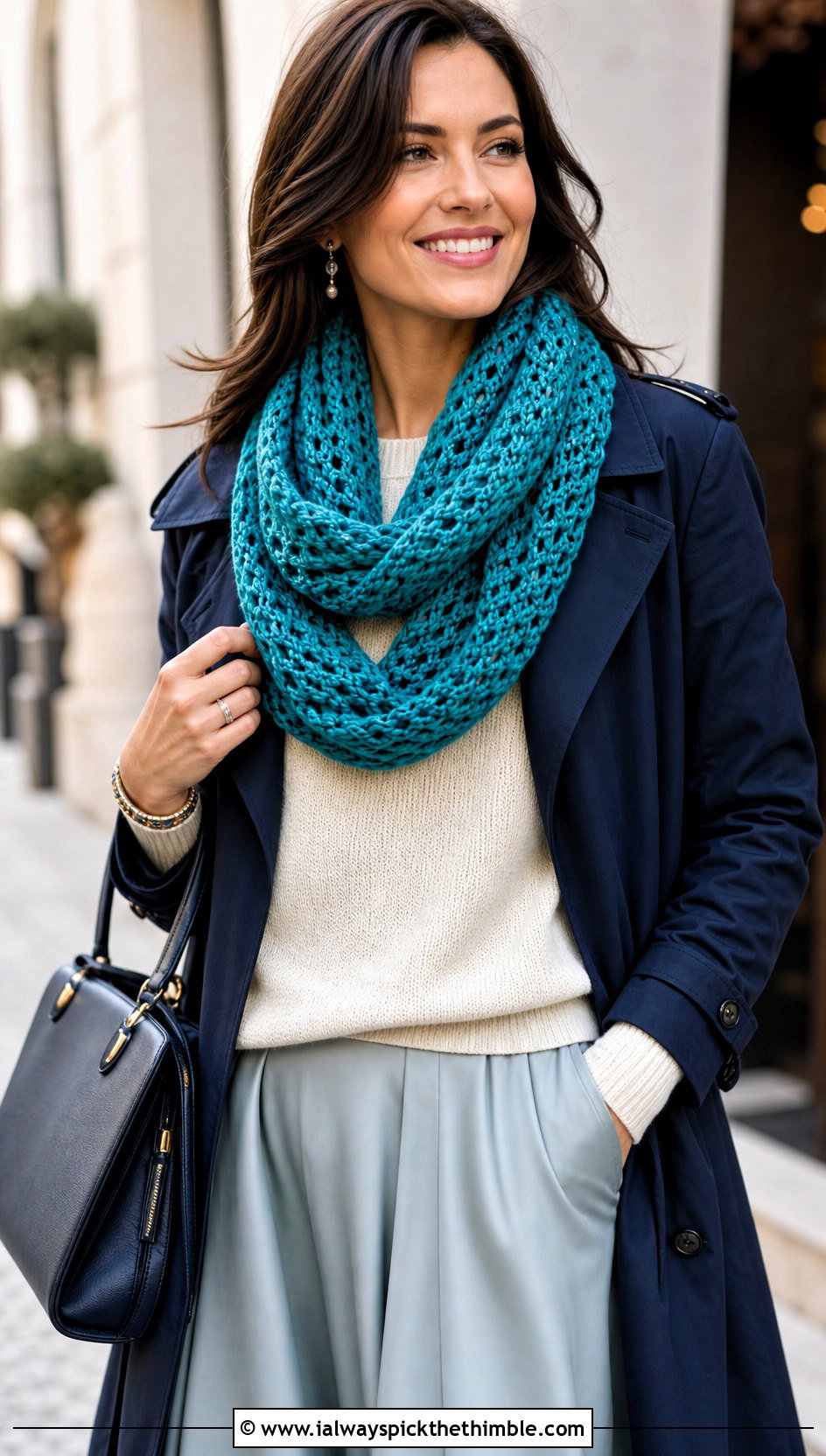 Infinity Crochet Scarf With Trench Coat And Midi Skirt - 20 Elegant Crochet Scarf outfit ideas