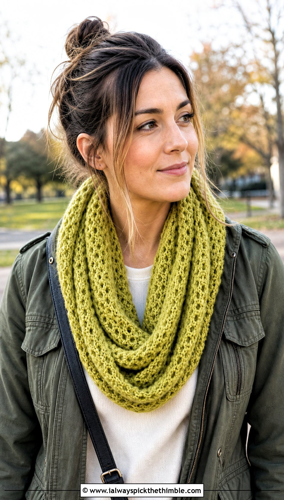 Infinity Crochet Scarf With Utility Jacket - 20 boho crochet scarf outfit ideas