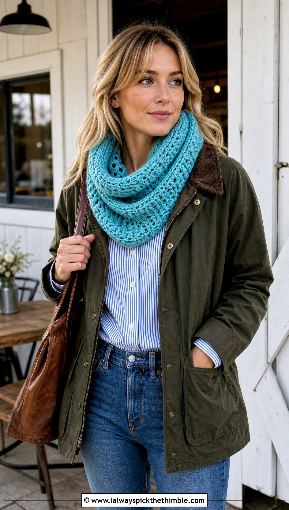 Infinity Crochet Snood Cowl With Barn Jacket - 20 crochet snood cowl outfit ideas