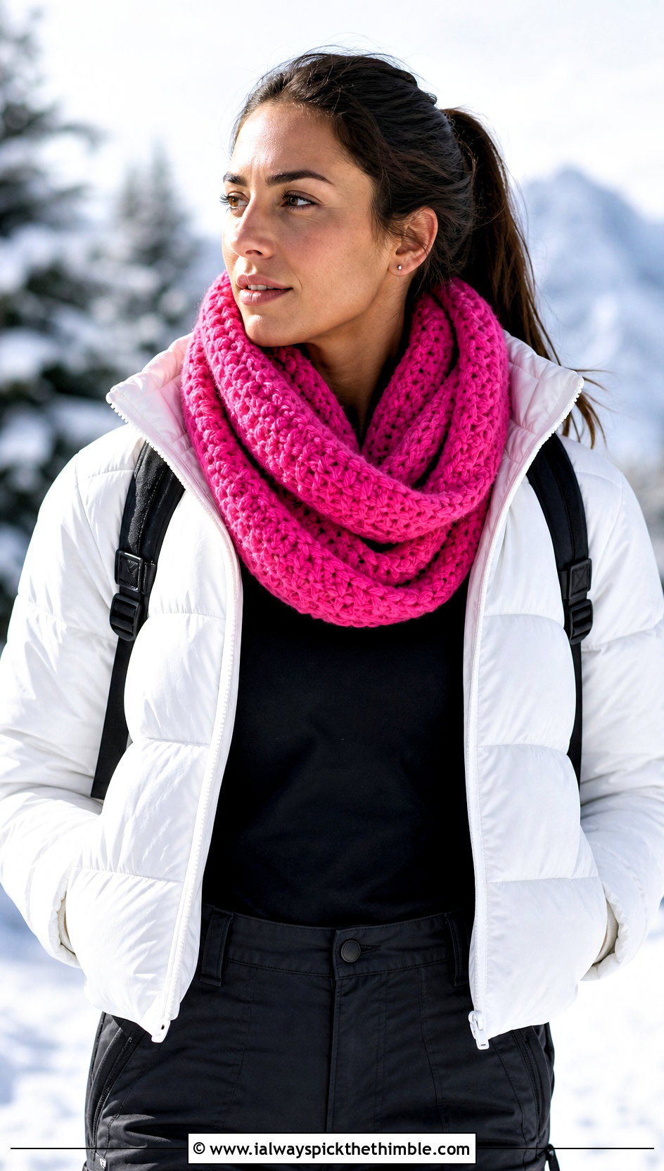 Infinity Crochet Textured Scarf With Puffer Jacket - 20 Crochet Textured Scarf outfit ideas