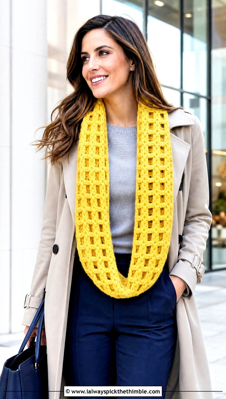 Infinity Crochet Windowpane Scarf With Trench Coat - 15 crochet windowpane scarf outfit ideas