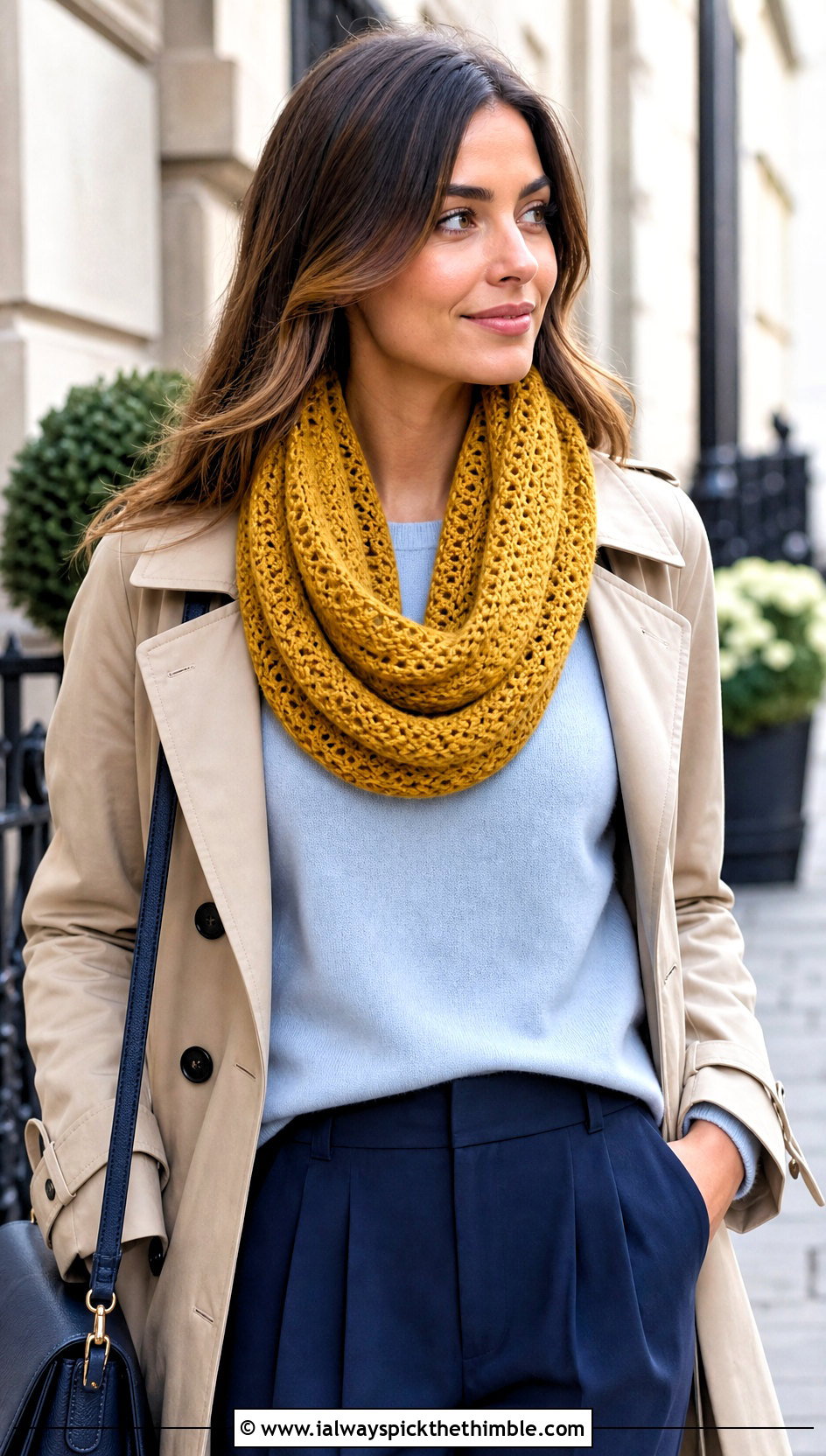 Infinity Crocheted Cowl With Trench Coat - 20 Crocheted Cowl outfit ideas