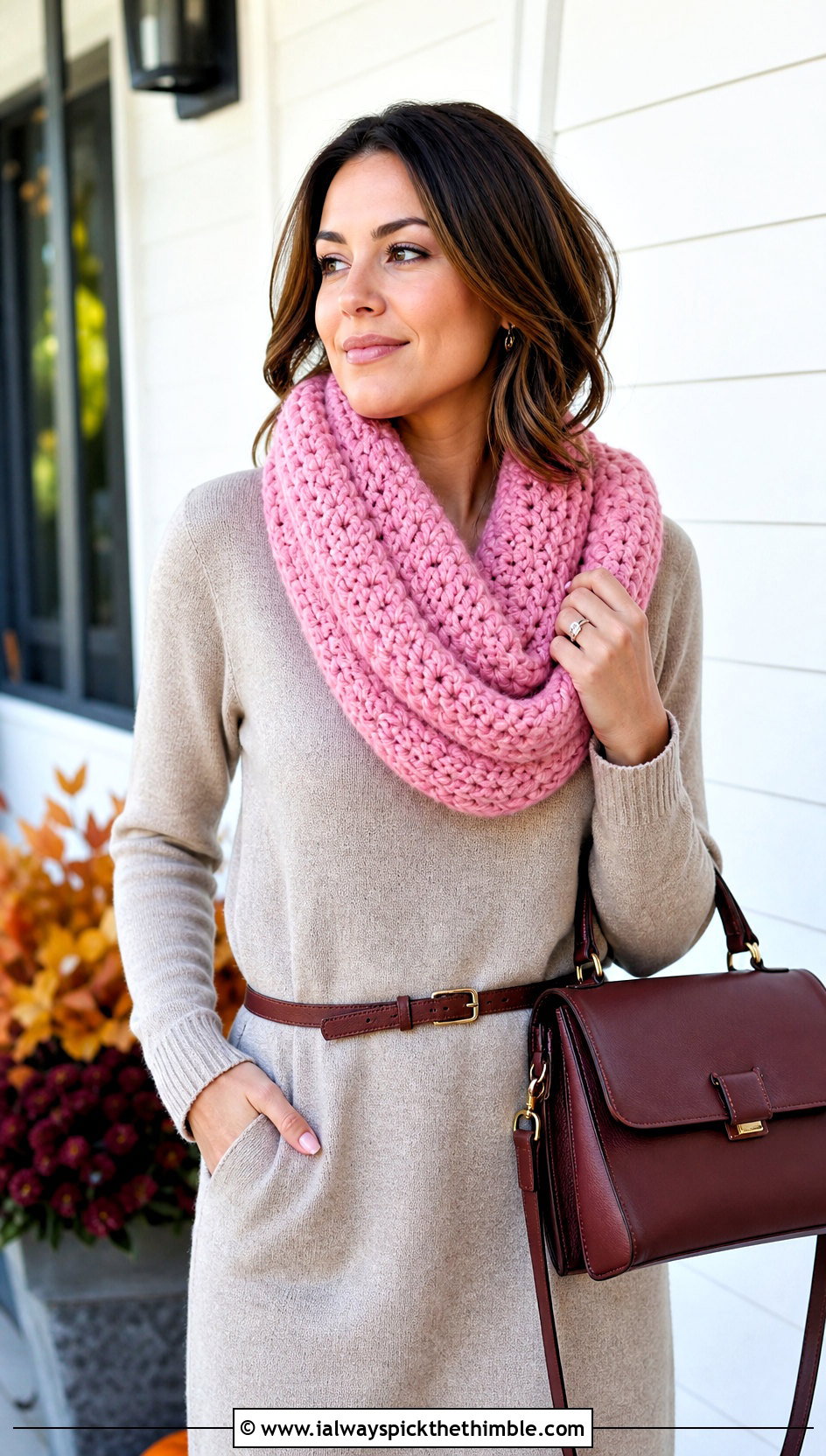 Infinity Double Crochet Scarf With Sweater Dress - 25 double crochet scarf outfit ideas