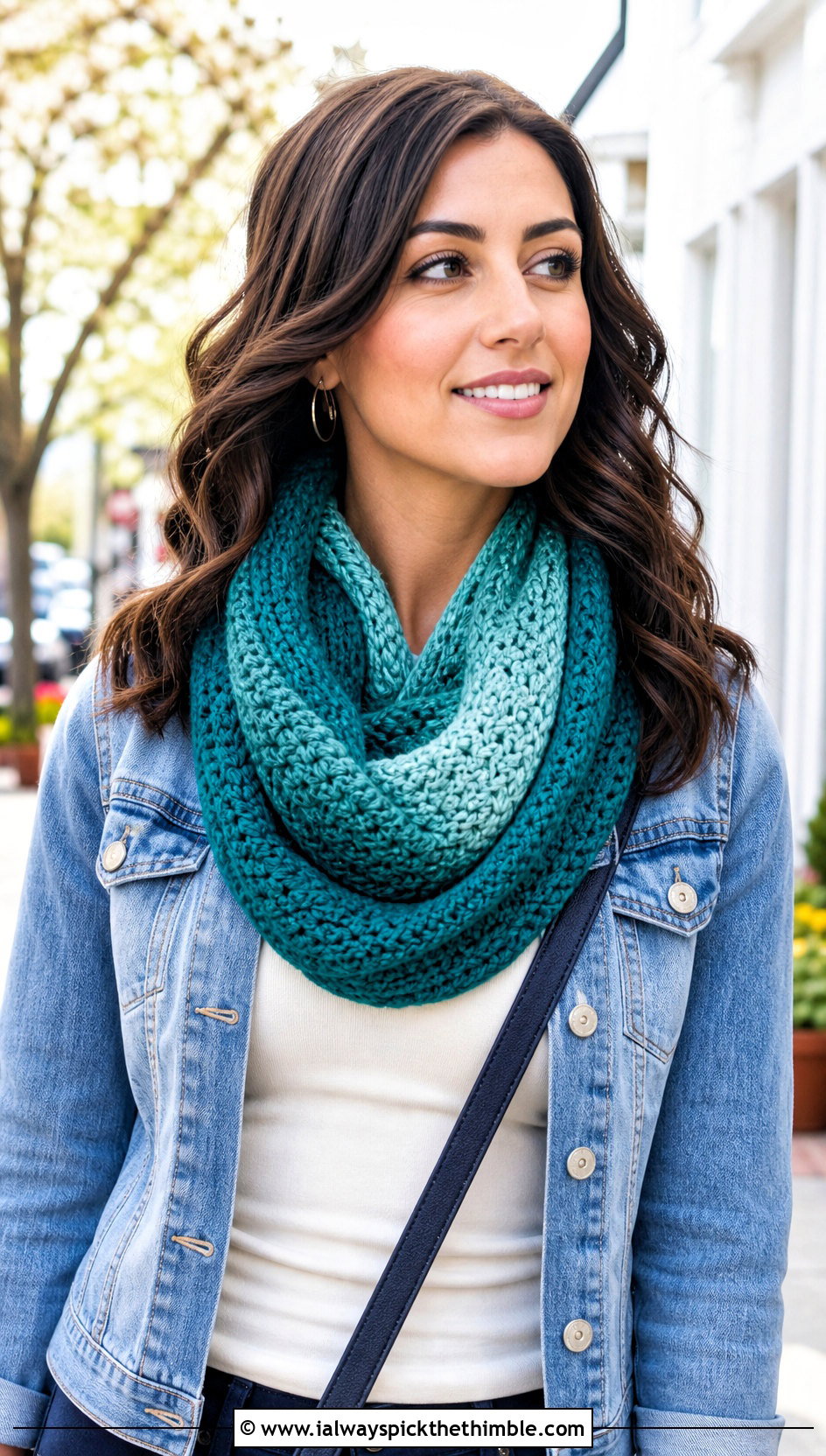 Infinity Gradient Crochet Scarf With Denim Jacket - 20 gradient crochet scarf outfit ideas