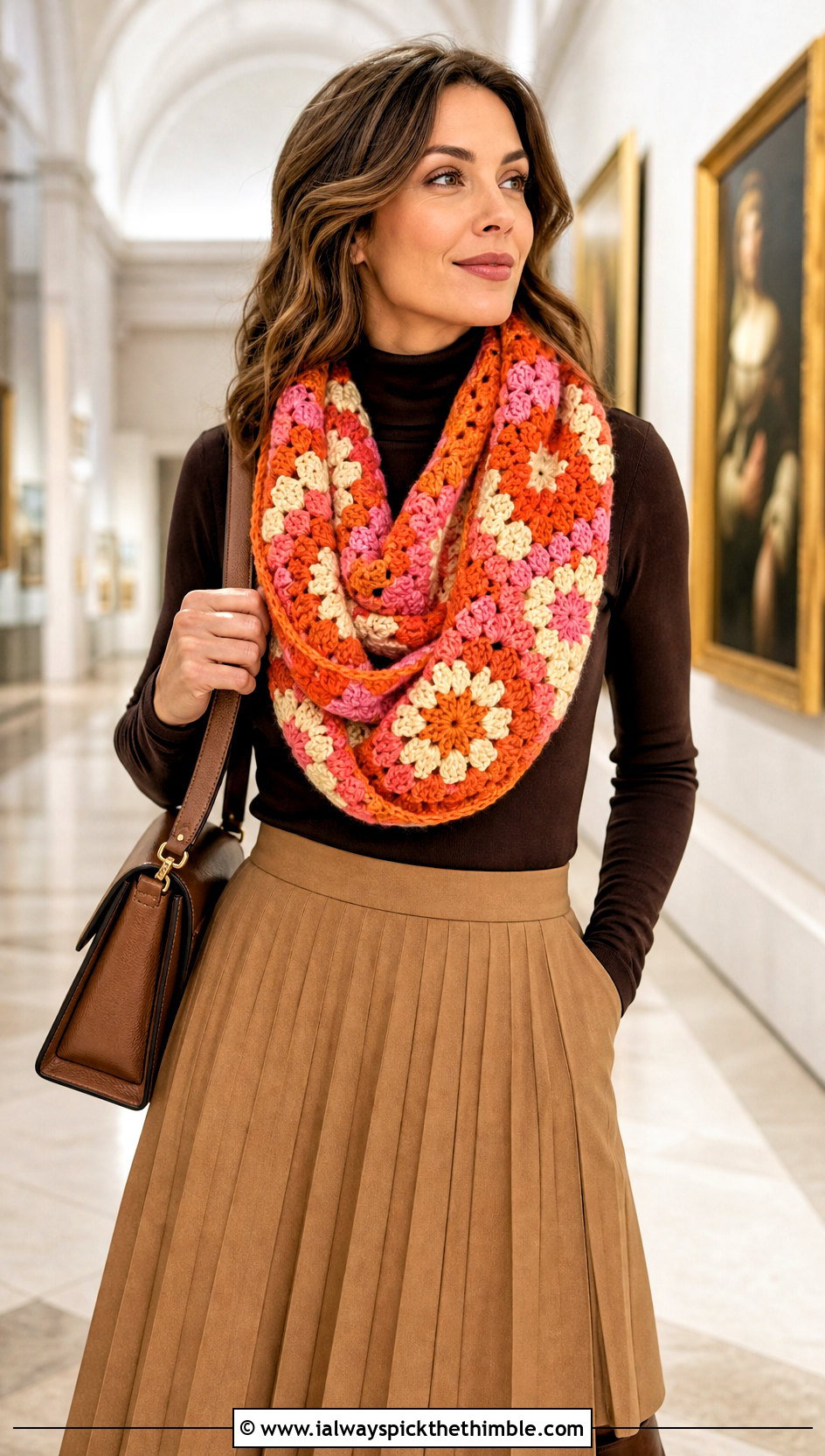 Infinity Granny Square Scarf With Turtleneck And Midi Skirt - 25 granny square scarf outfit ideas