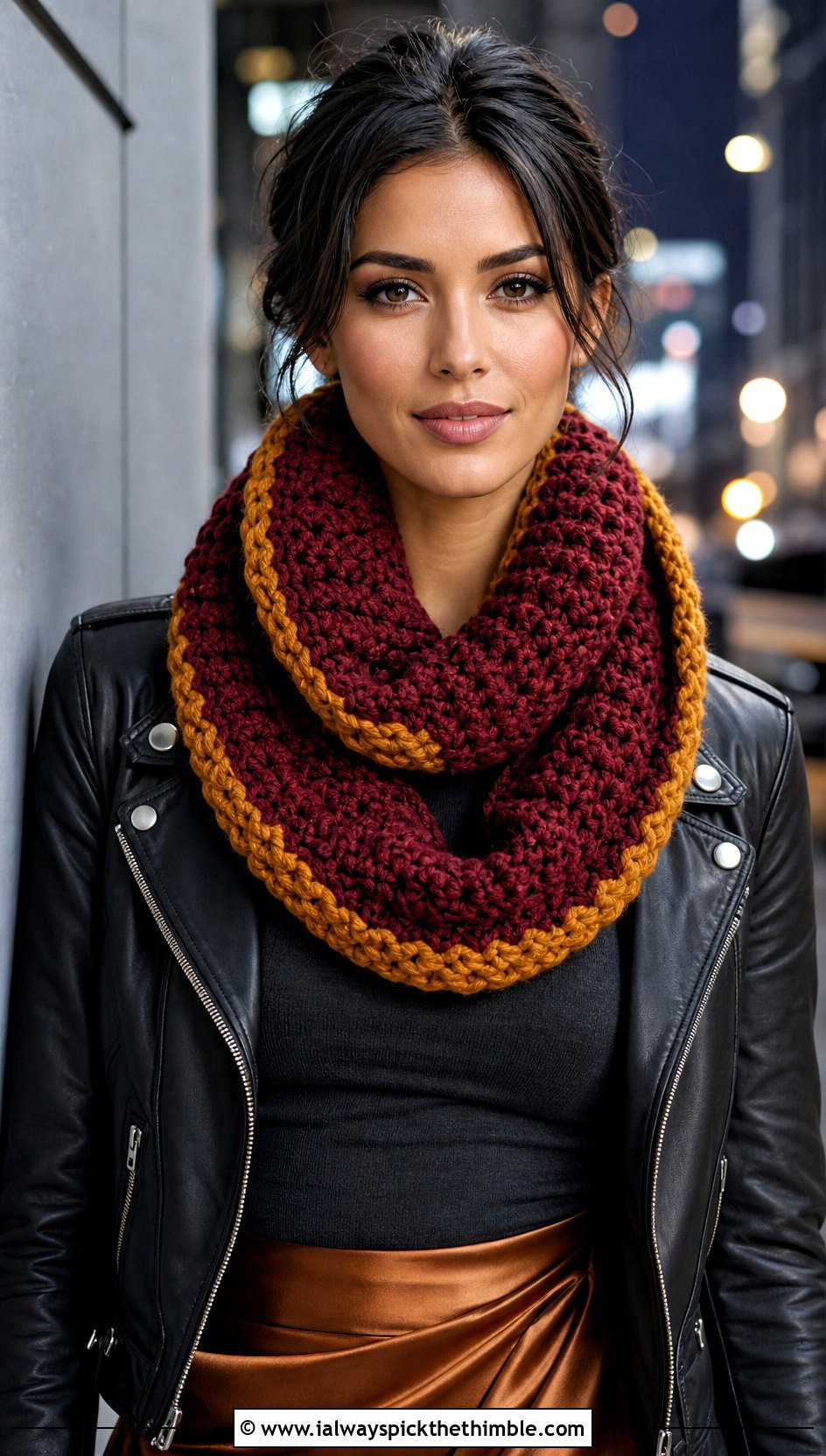 Infinity Gryffindor Crochet Scarf With Leather Jacket - 20 gryffindor crochet scarf outfit ideas