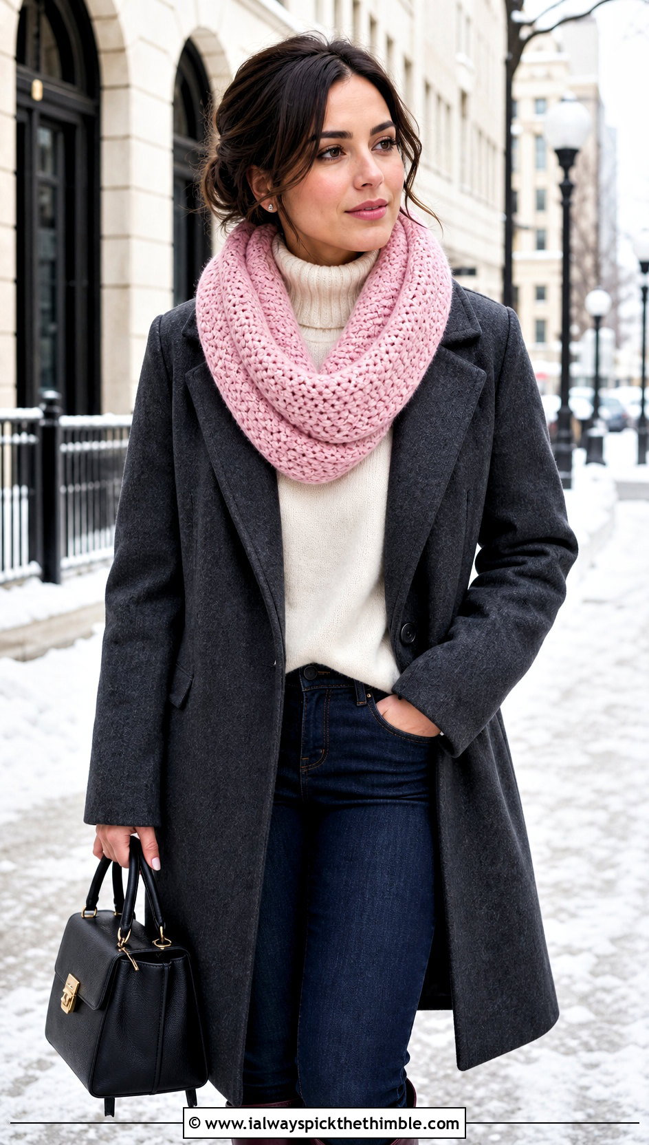 Infinity Half Double Crochet Scarf With Wool Coat - 20 Half Double Crochet Scarf outfit ideas