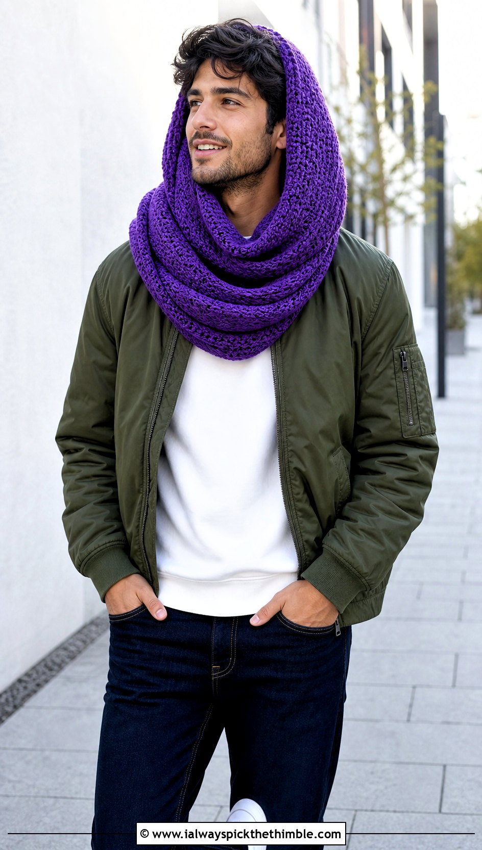 Infinity Hooded Scarf With Bomber Jacket - 20 Crochet Hooded Scarf For Men outfit ideas
