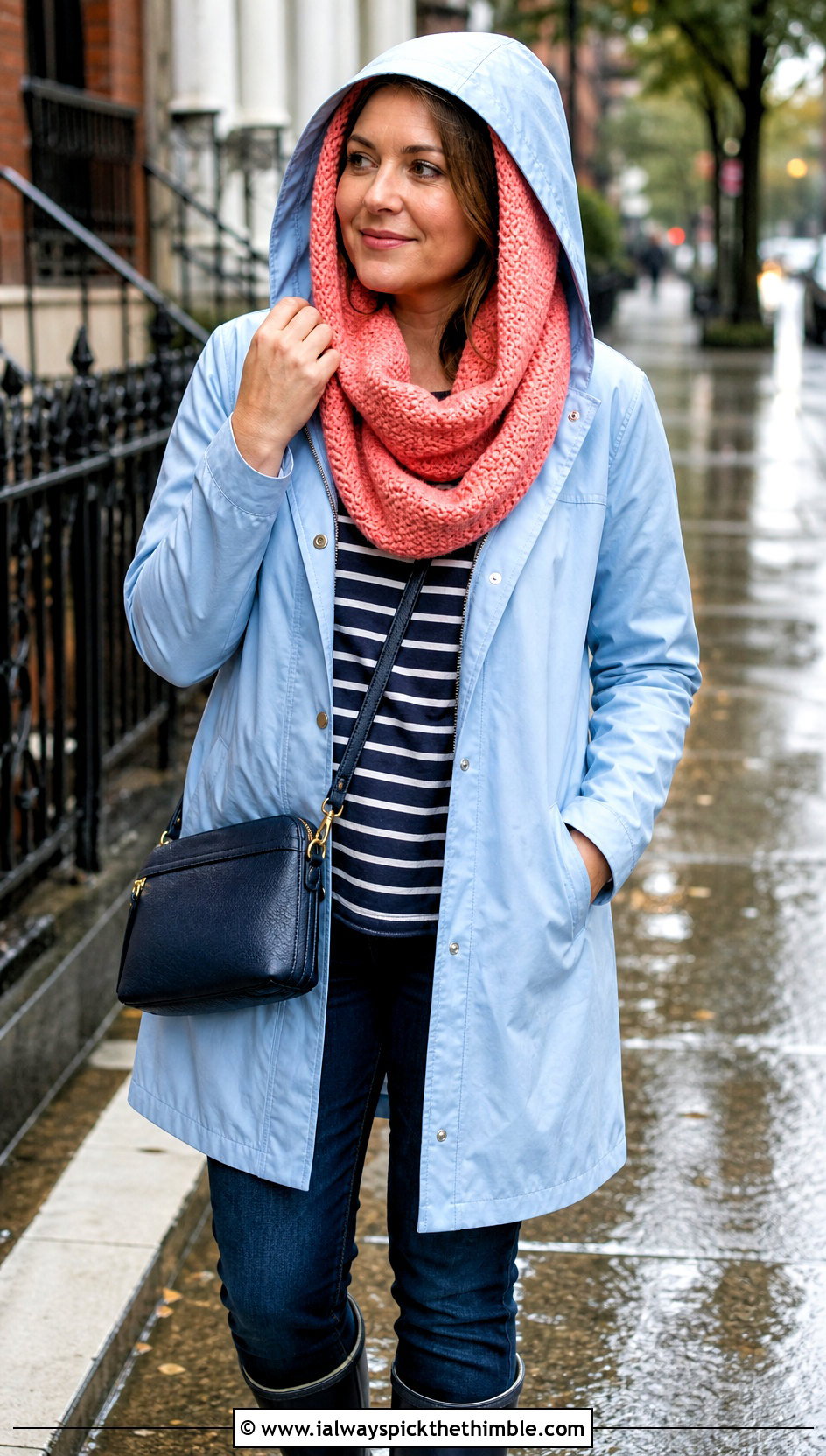 Infinity Loop Hooded Crochet Cowl Snood With Raincoat - 20 hooded crochet cowl snood outfit ideas