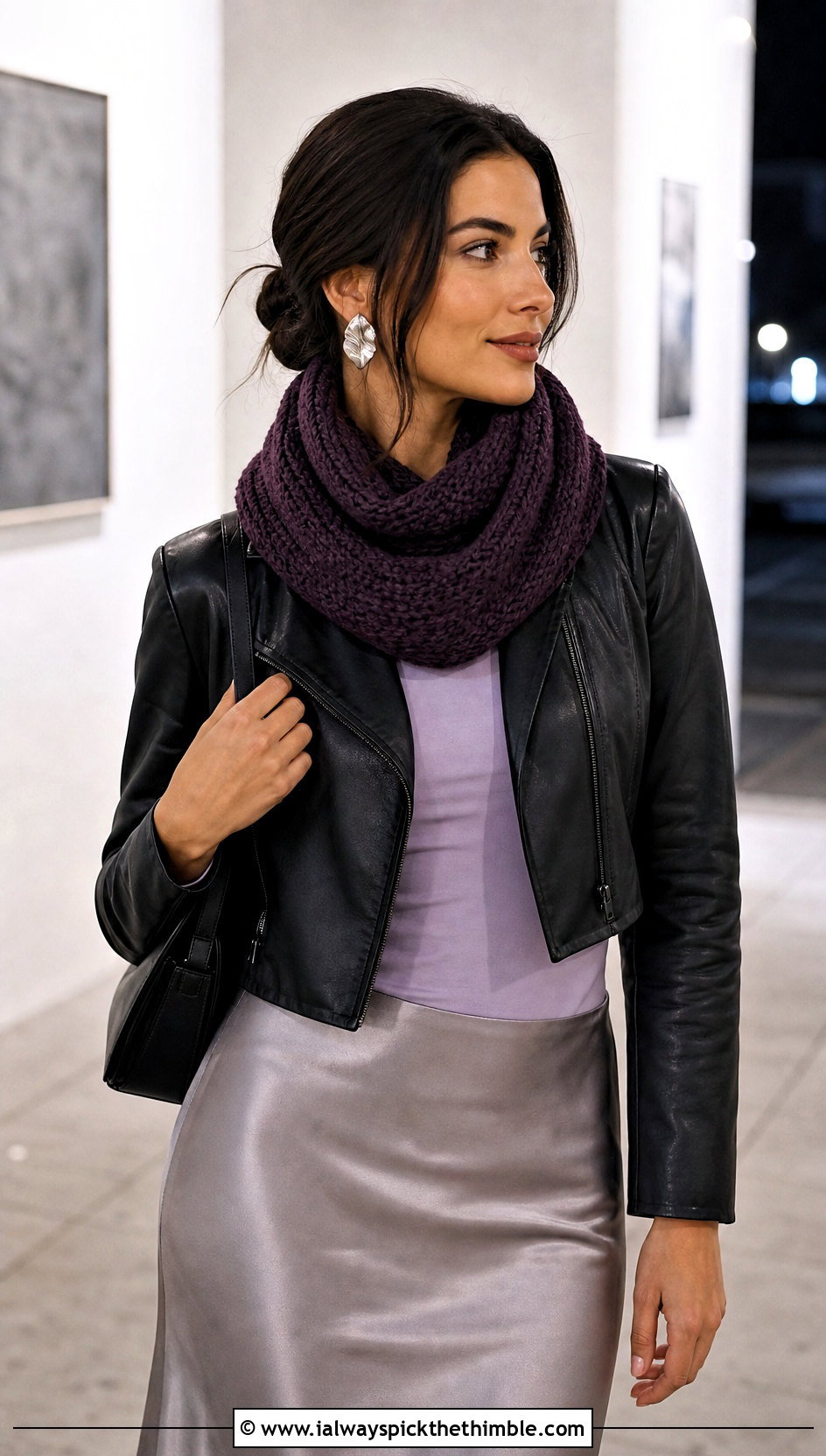 Infinity Moss Stitch Crochet Cowl With Leather Jacket And Satin Skirt - 15 Moss Stitch Crochet Cowl outfit ideas