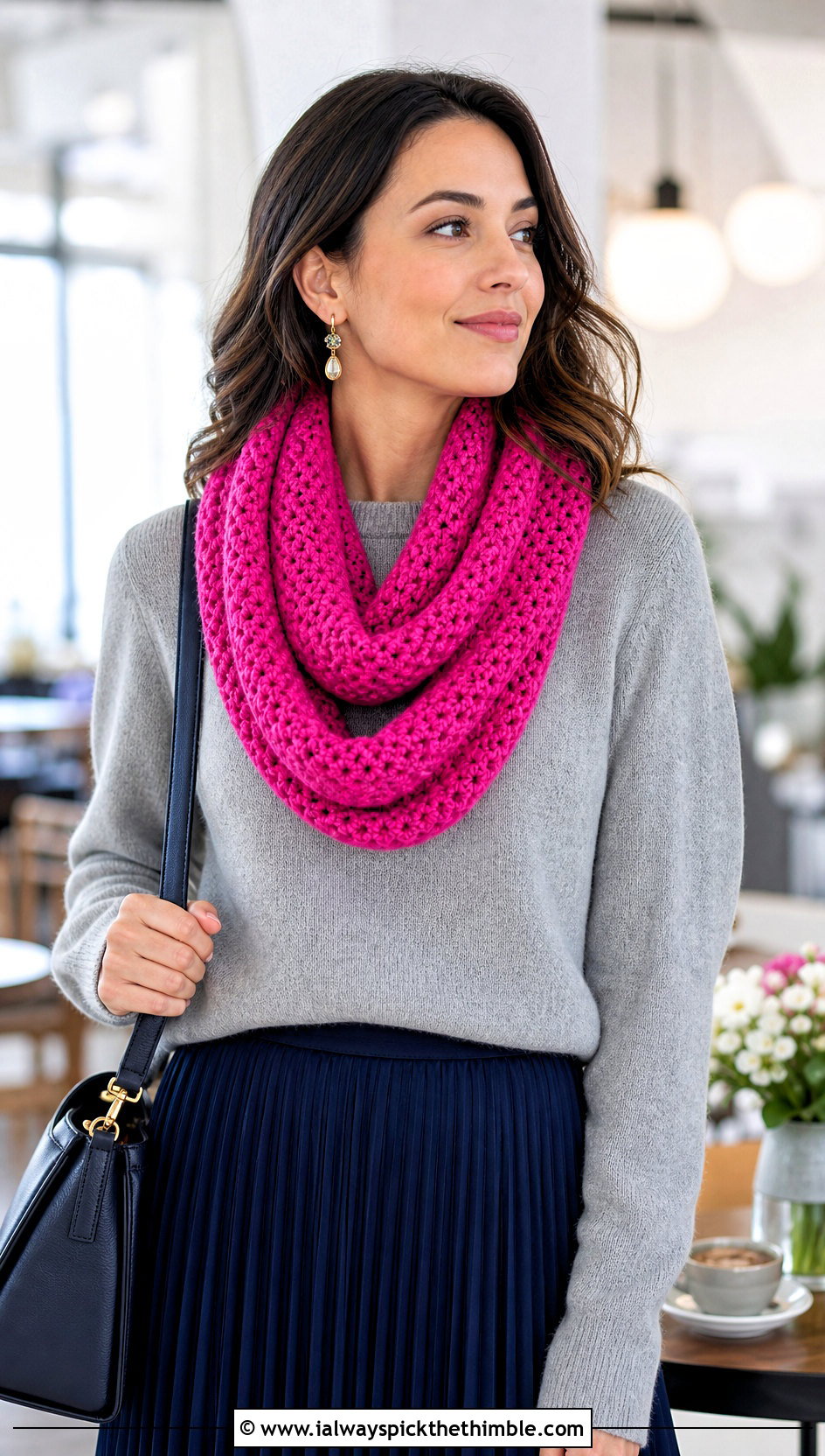 Infinity Moss Stitch Crochet Scarf With Sweater And Midi Skirt - 20 Moss Stitch Crochet Scarf outfit ideas