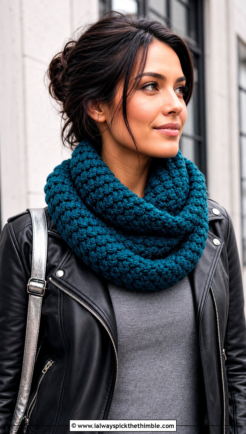 Infinity Natsu Scarf With Leather Jacket - 15 Crochet Natsu Scarf outfit ideas