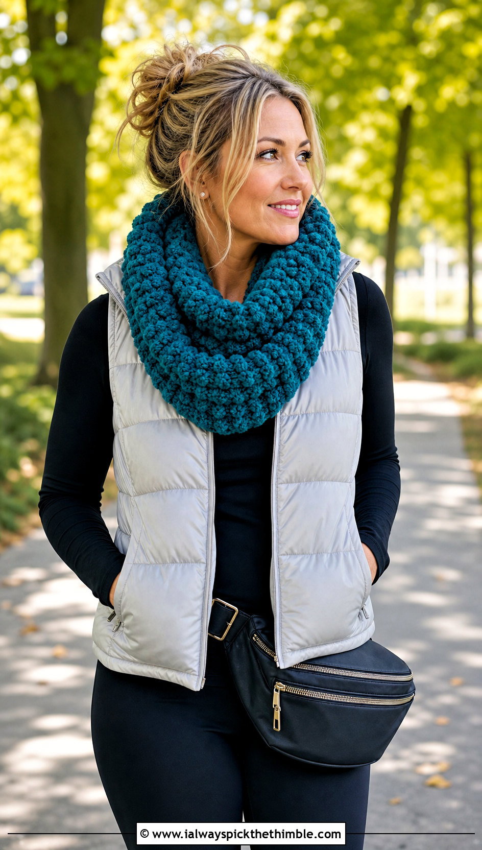 Infinity Popcorn Crochet Scarf With Puffer Vest - 20 Popcorn Crochet Scarf outfit ideas