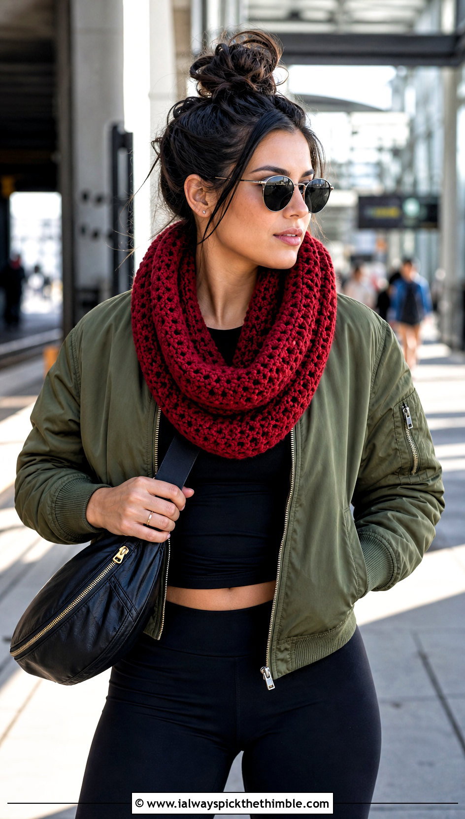 Infinity Red Crochet Scarf With Bomber Jacket - 20 taylor swift red crochet scarf outfit ideas