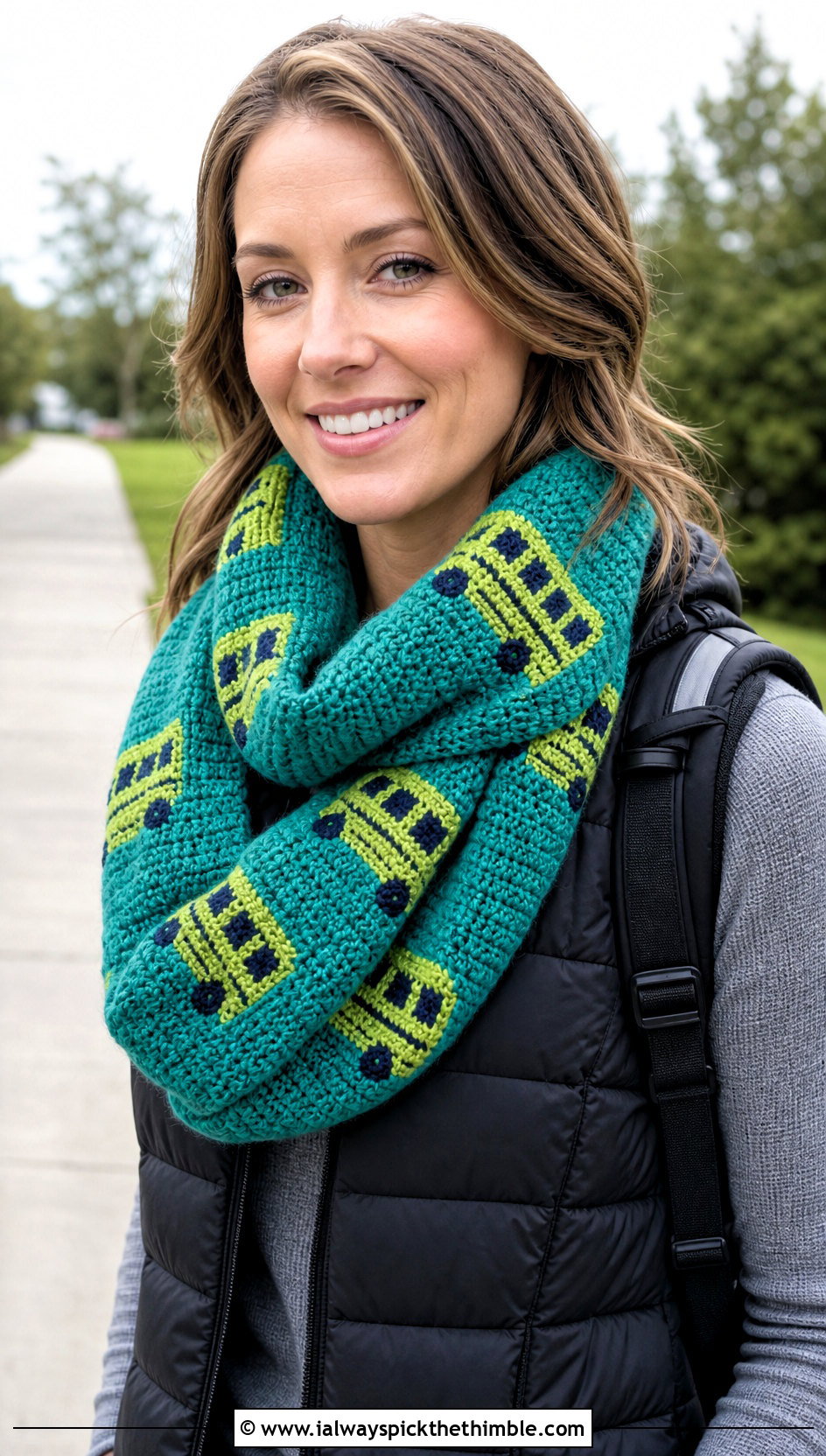 Infinity School Bus Scarf With Puffer Vest - 20 Crochet School Bus Scarf outfit ideas