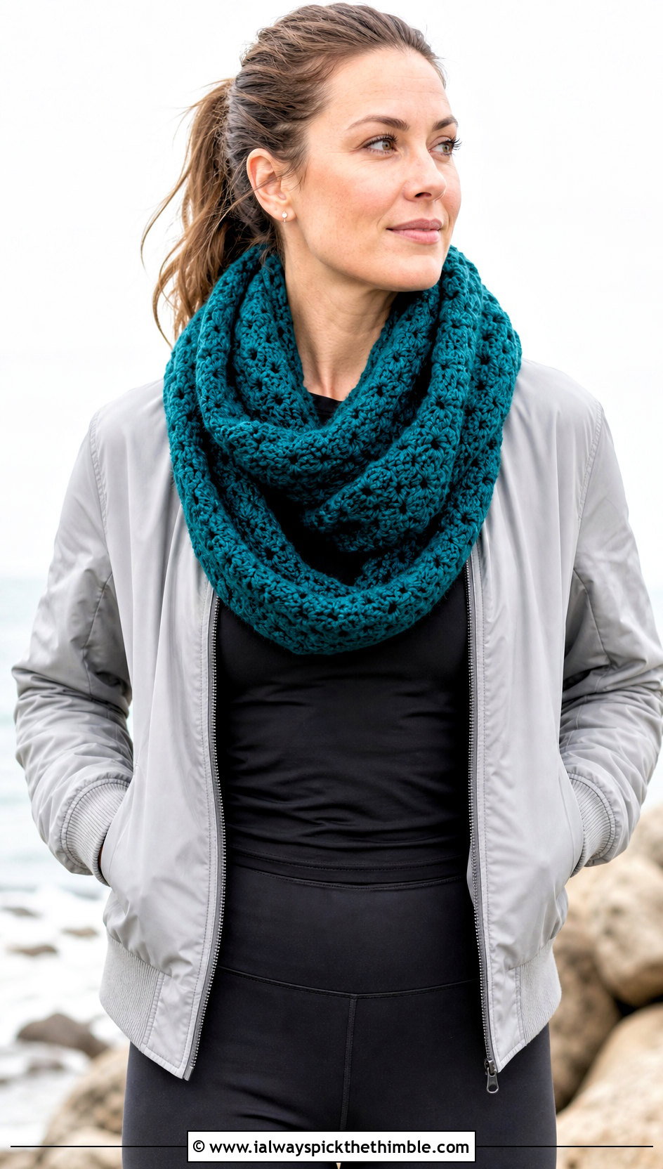 Infinity Shell Stitch Scarf With Leggings And Bomber Jacket - 20 Shell Crochet Scarf outfit ideas
