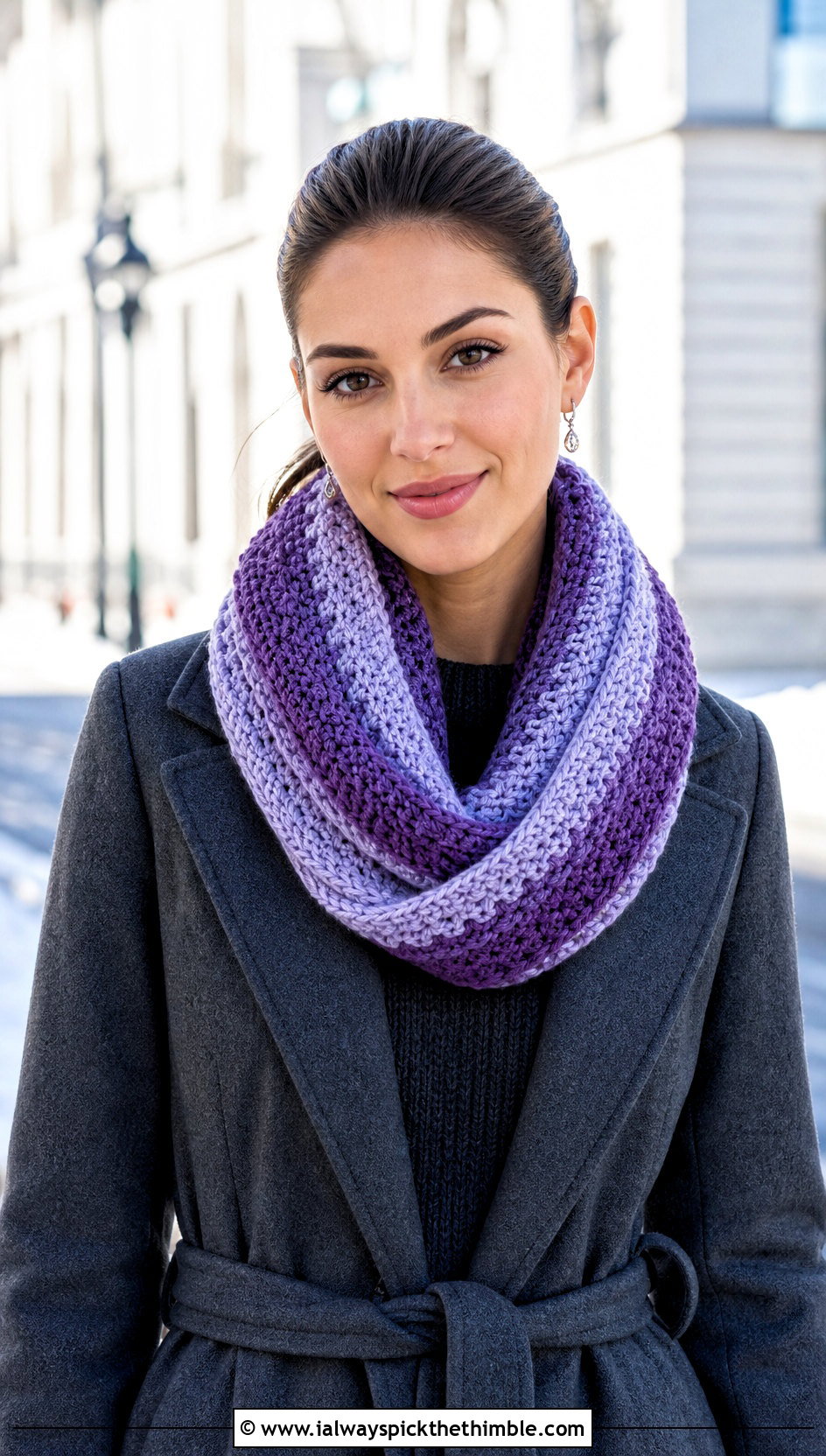 Infinity Striped Crochet Scarf With Sweater Dress - 20 crochet striped scarf outfit ideas