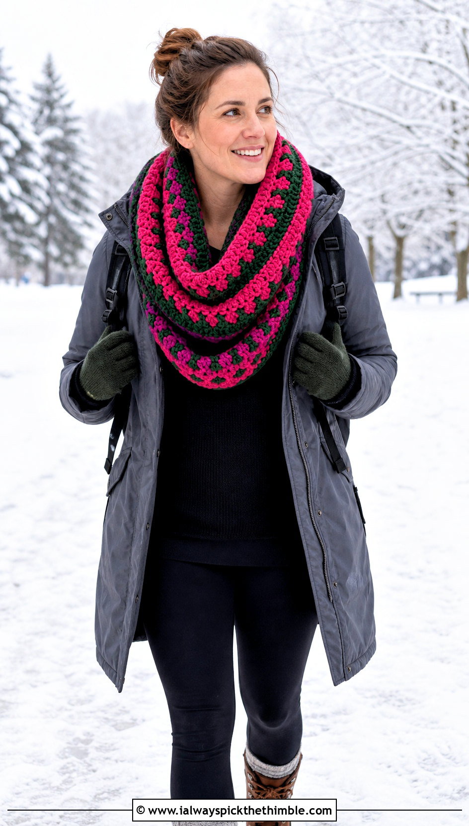 Infinity Tapestry Crochet Scarf With Parka And Leggings - 25 tapestry crochet scarf outfit ideas