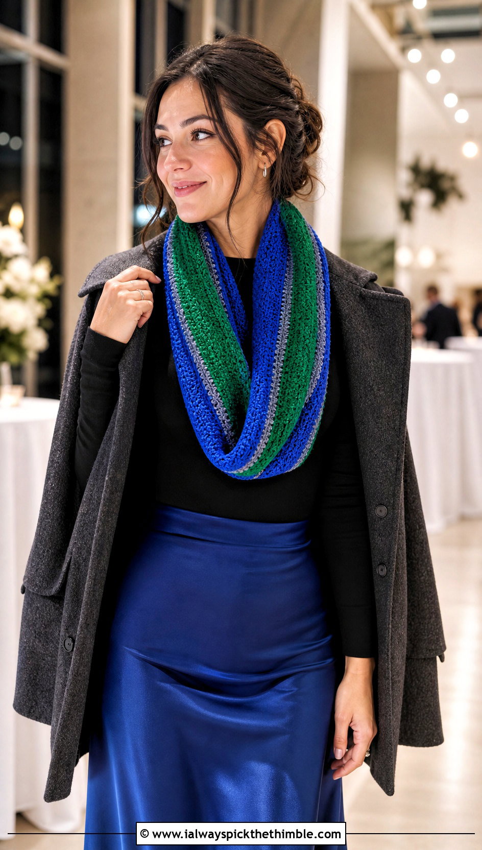 Infinity Temperature Scarf With Satin Midi Skirt - 20 crochet temperature scarf outfit ideas