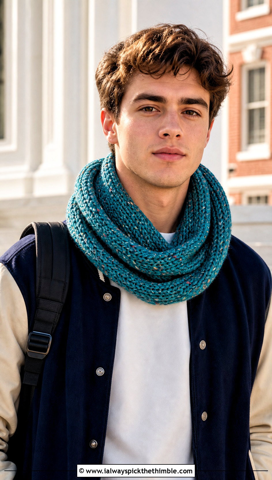 Infinity Tweed Crochet Scarf With Varsity Jacket - 15 Tweed Men's Crochet Scarf outfit ideas