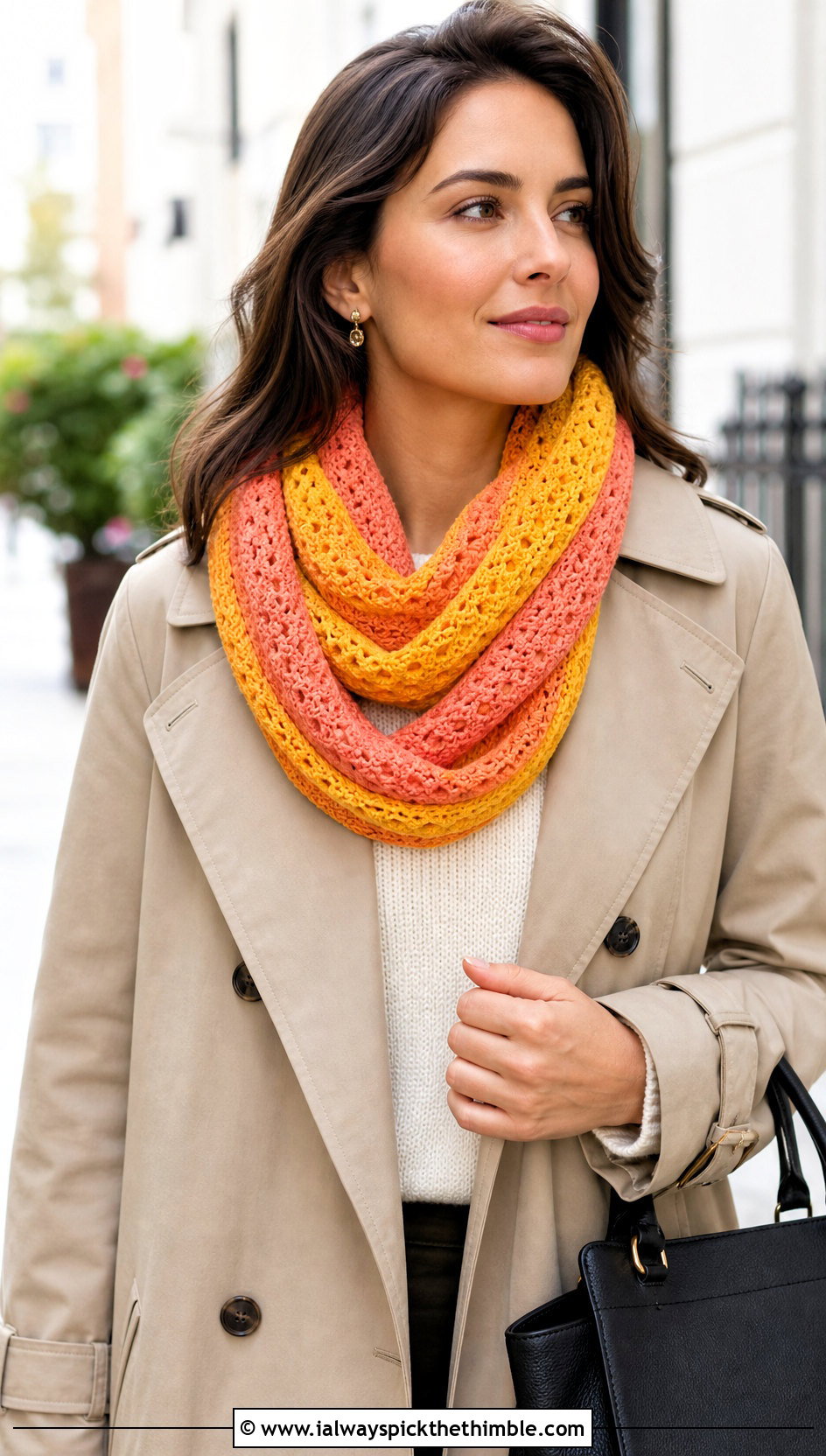 Infinity Variegated Crochet Scarf With Trench Coat - 20 Variegated Yarn Crochet Scarf outfit ideas