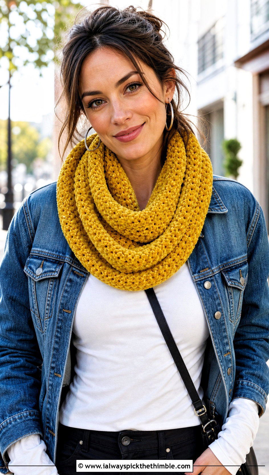 Infinity Velvet Crochet Scarf With Denim Jacket - 20 Velvet Crochet Scarf outfit ideas