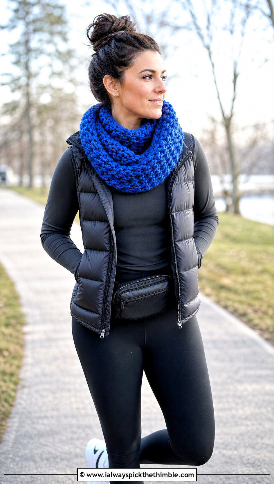 Infinity Waffle Stitch Crochet Scarf With Puffer Vest - 20 waffle stitch crochet scarf outfit ideas