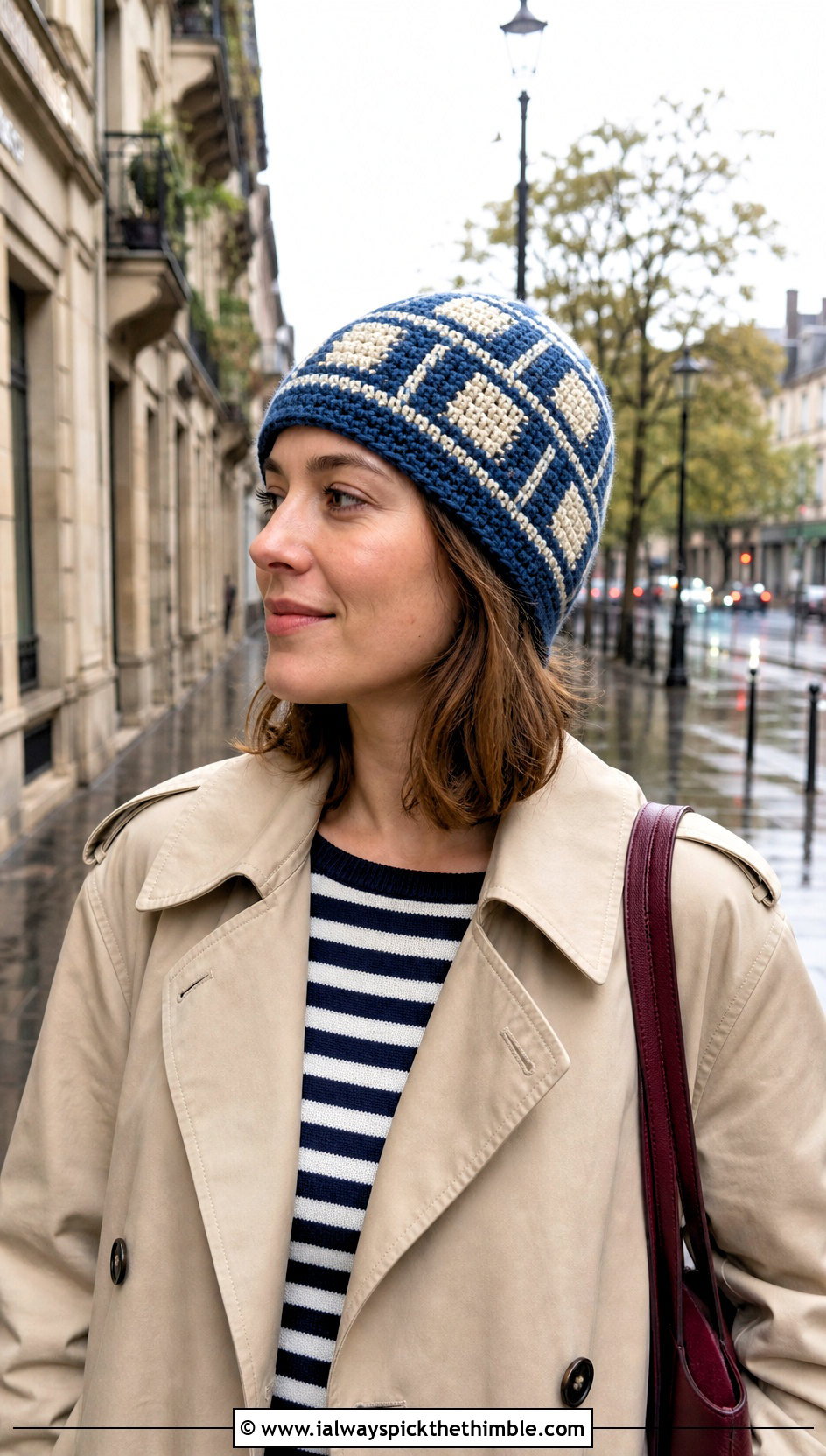 Inset Mosaic Crochet Beanie With Trench Coat - 20 Mosaic Crochet Beanie outfit ideas