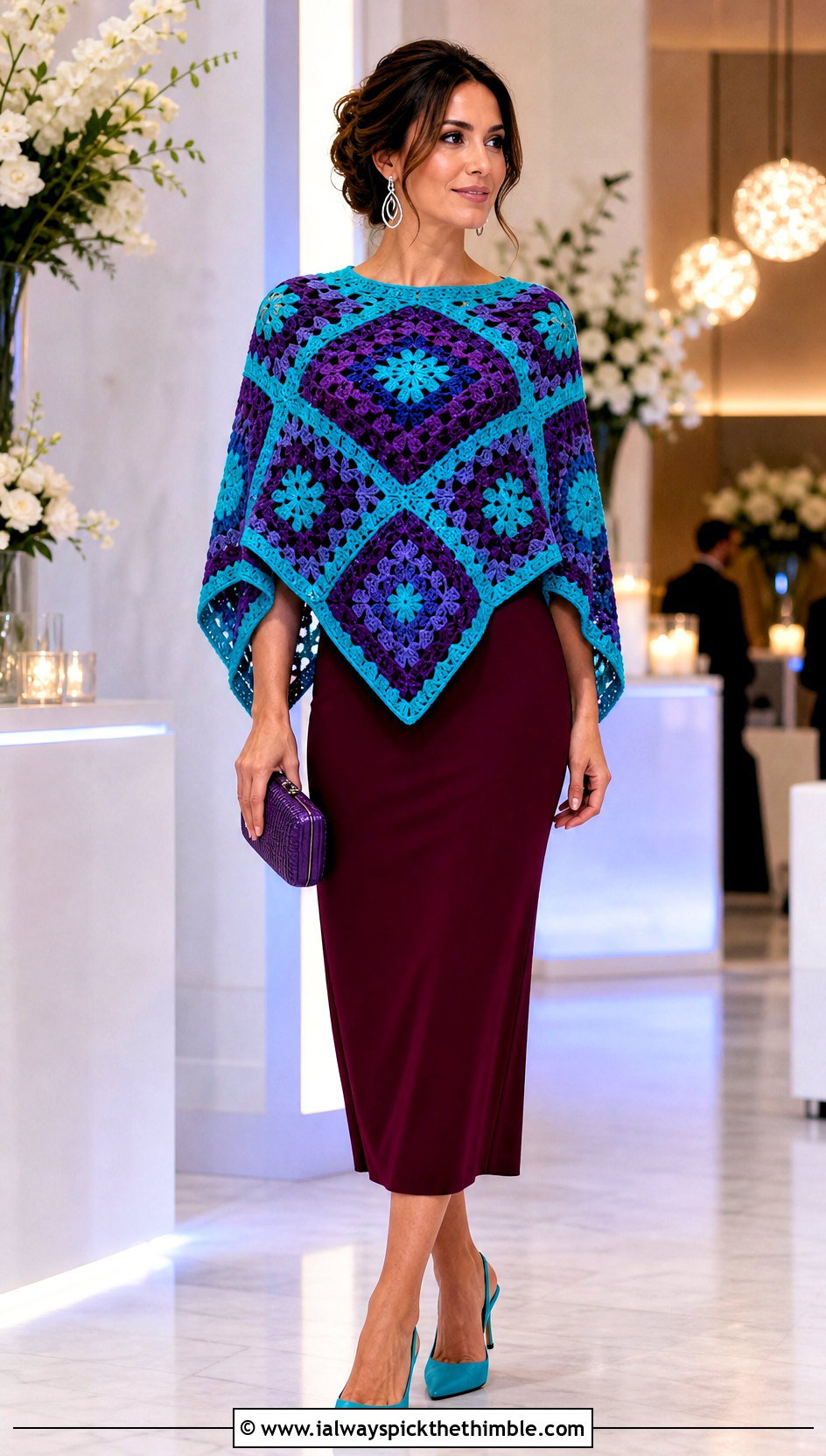 Inset Mosaic Poncho With Column Dress - 15 Mosaic Crochet Poncho outfit ideas