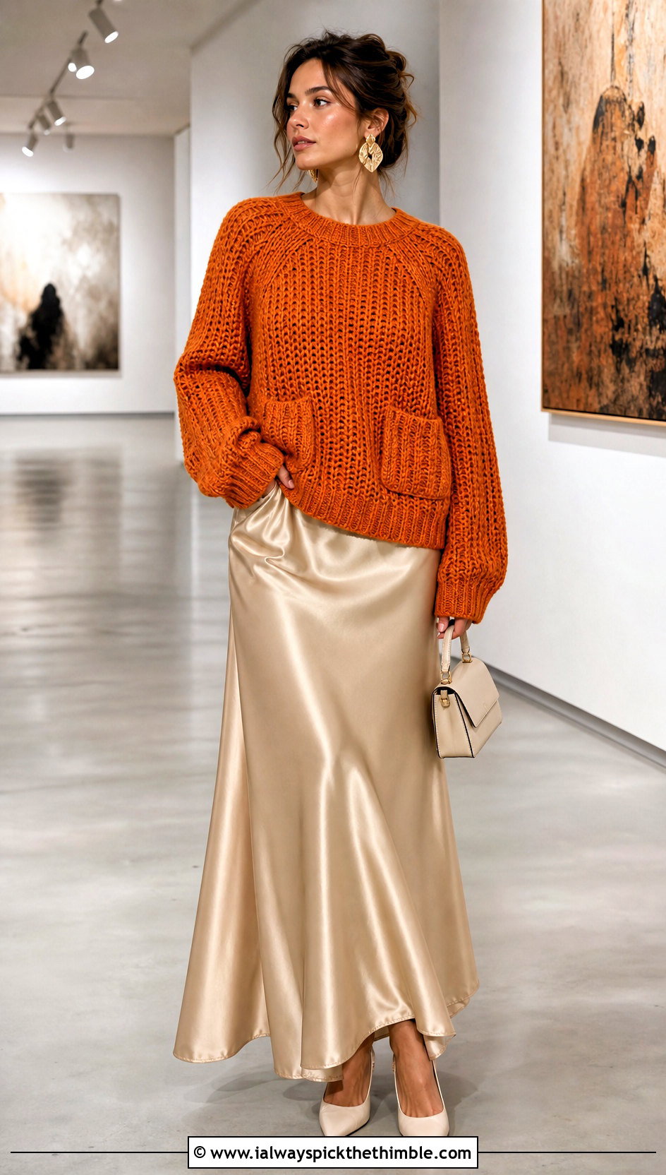 Inset Pocket Raglan Crochet Sweater With Satin Maxi Skirt - 15 pocket raglan crochet sweater outfit ideas