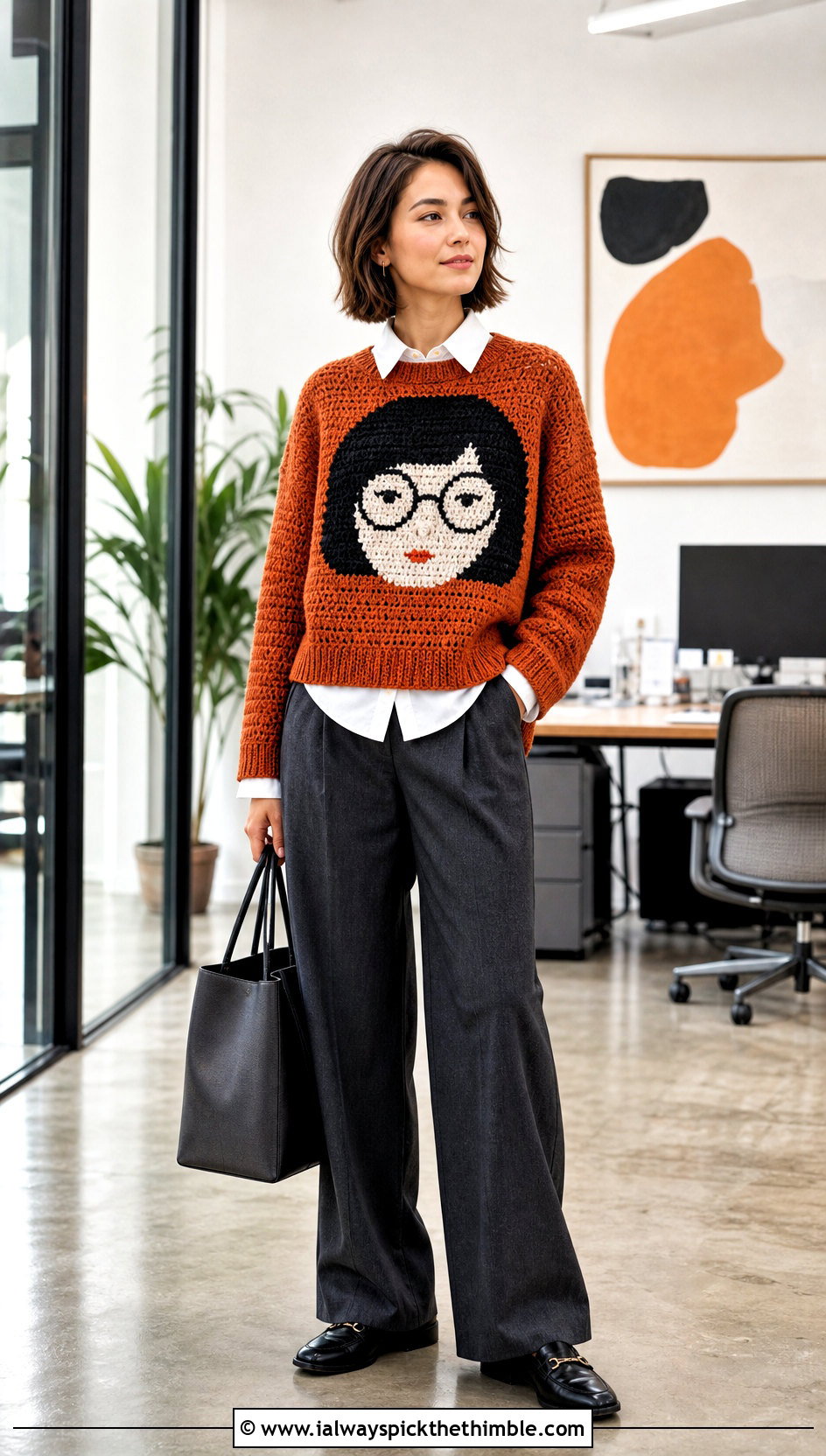 Intarsia Crochet Character Sweater With Tailored Trousers - 20 Crochet Character Sweater outfit ideas