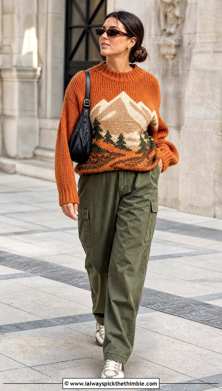Intarsia Landscape Sweater With Cargo Pants - 15 Crochet Mountain Sweater outfit ideas