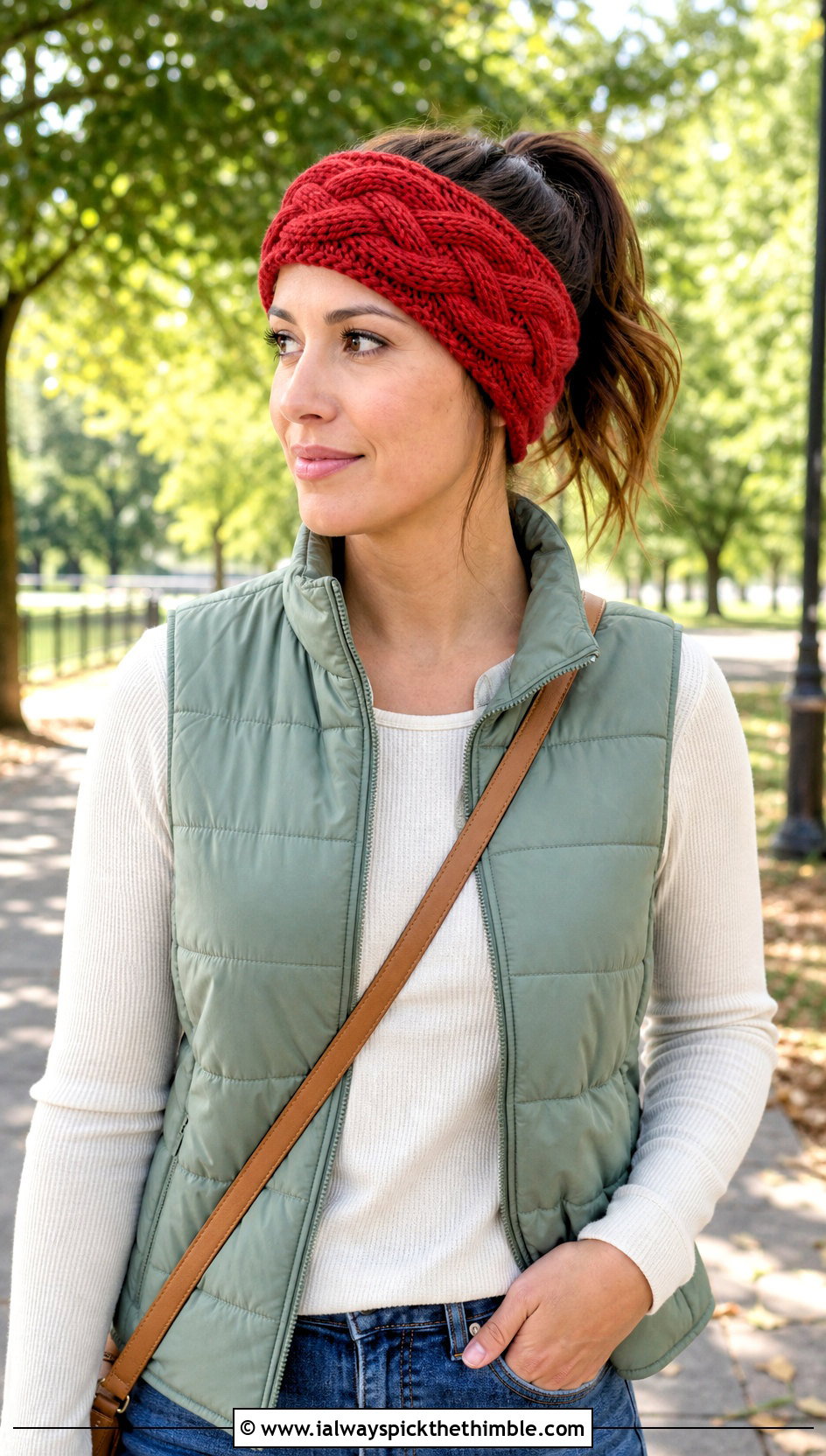 Interlocking Cable Earwarmer With Quilted Vest and Jeans - 15 easy crochet cable headband earwarmer outfit ideas