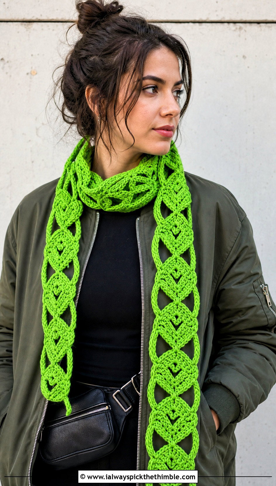 Interlocking Heart Scarf With Bomber Jacket - 20 crochet heart scarf outfit ideas