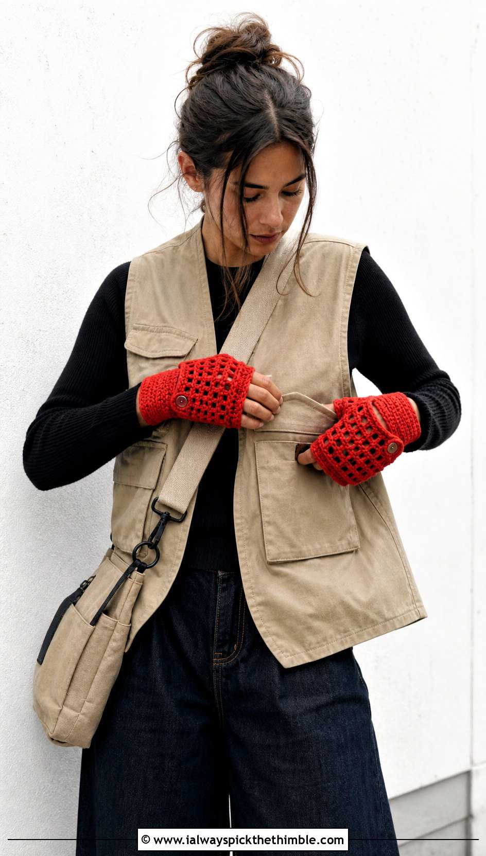 Interlocking Snap Flap Crochet Gloves With Utility Vest - 15 Convertible Crochet Fingerless Gloves outfit ideas