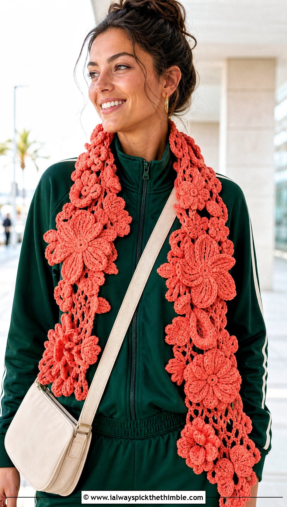 Irish Crochet 3D Flower Scarf With Track Jacket - 20 irish crochet scarf outfit ideas