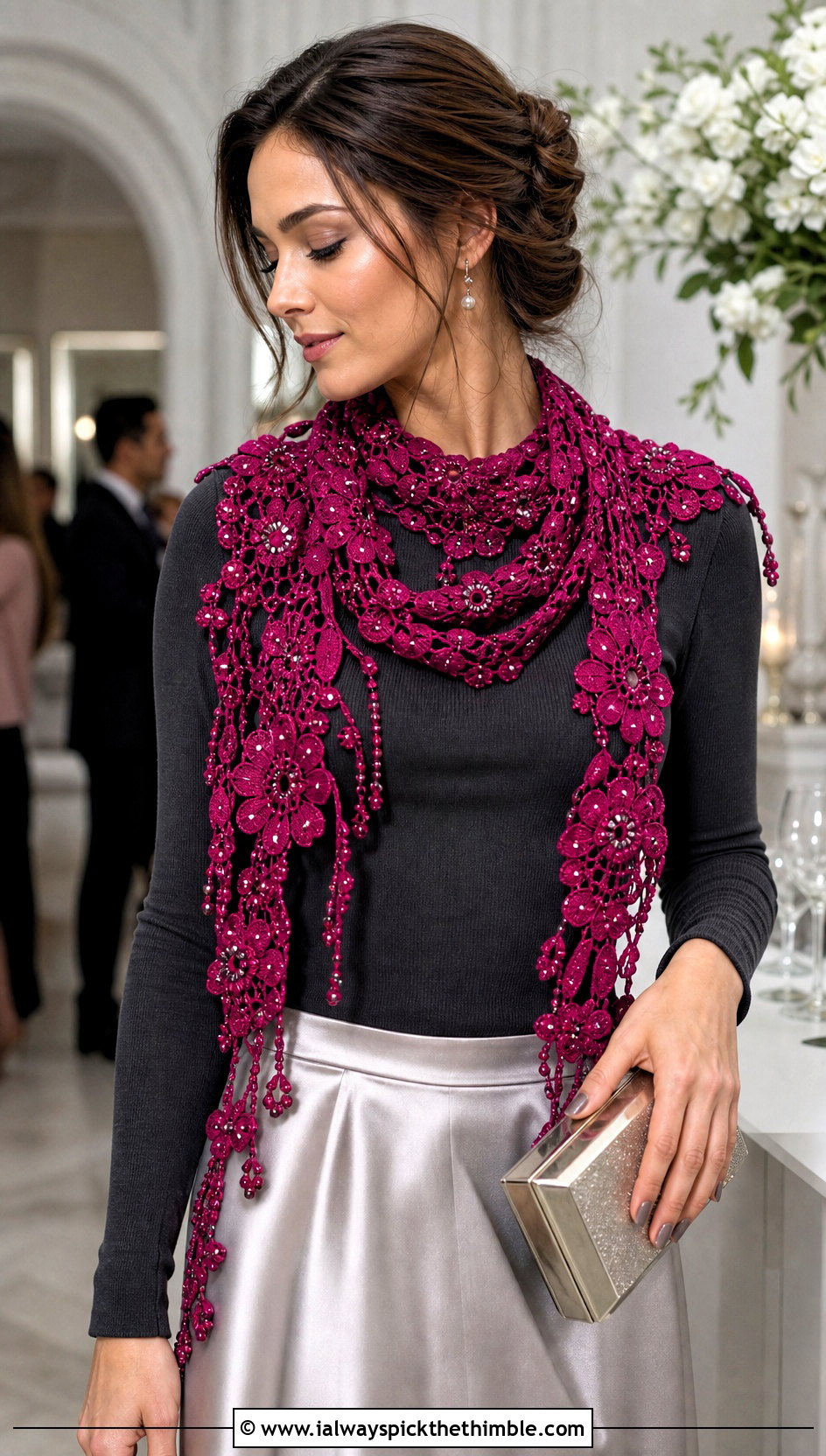 Irish Crochet Beaded Scarf With Satin Skirt - 20 irish crochet scarf outfit ideas