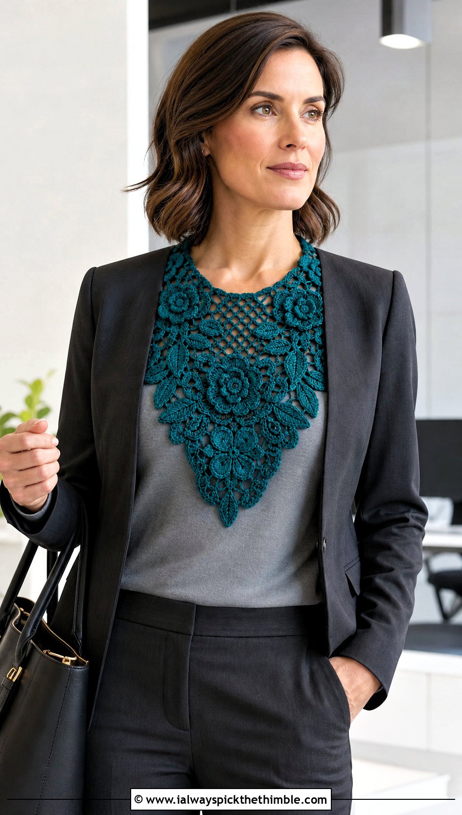 Irish Crochet Floral Collar With Blazer And Trousers - 15 Vintage Crochet Collar Design outfit ideas