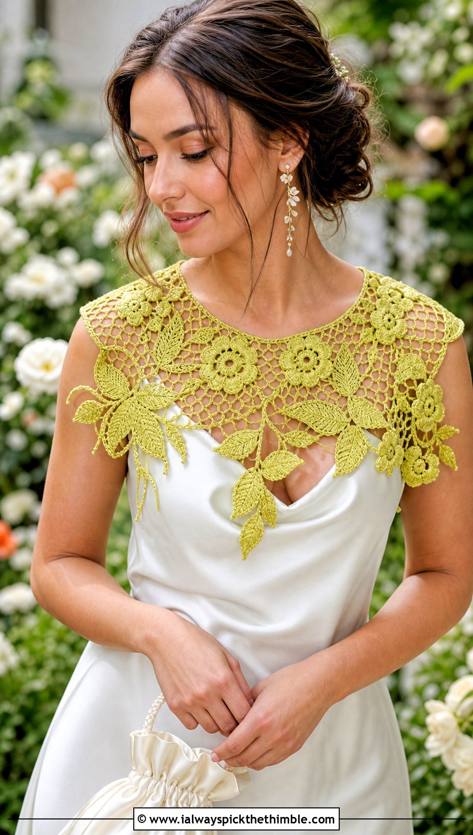 Irish Crochet Floral Collar With Silk Slip Dress - 15 Crochet Collar For Wedding outfit ideas