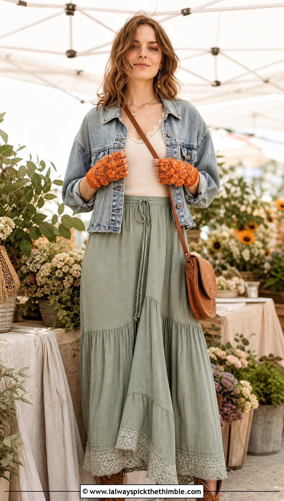 Irish Crochet Floral Gloves With Denim Jacket And Maxi Skirt - 15 Vintage Lace Crochet Gloves outfit ideas