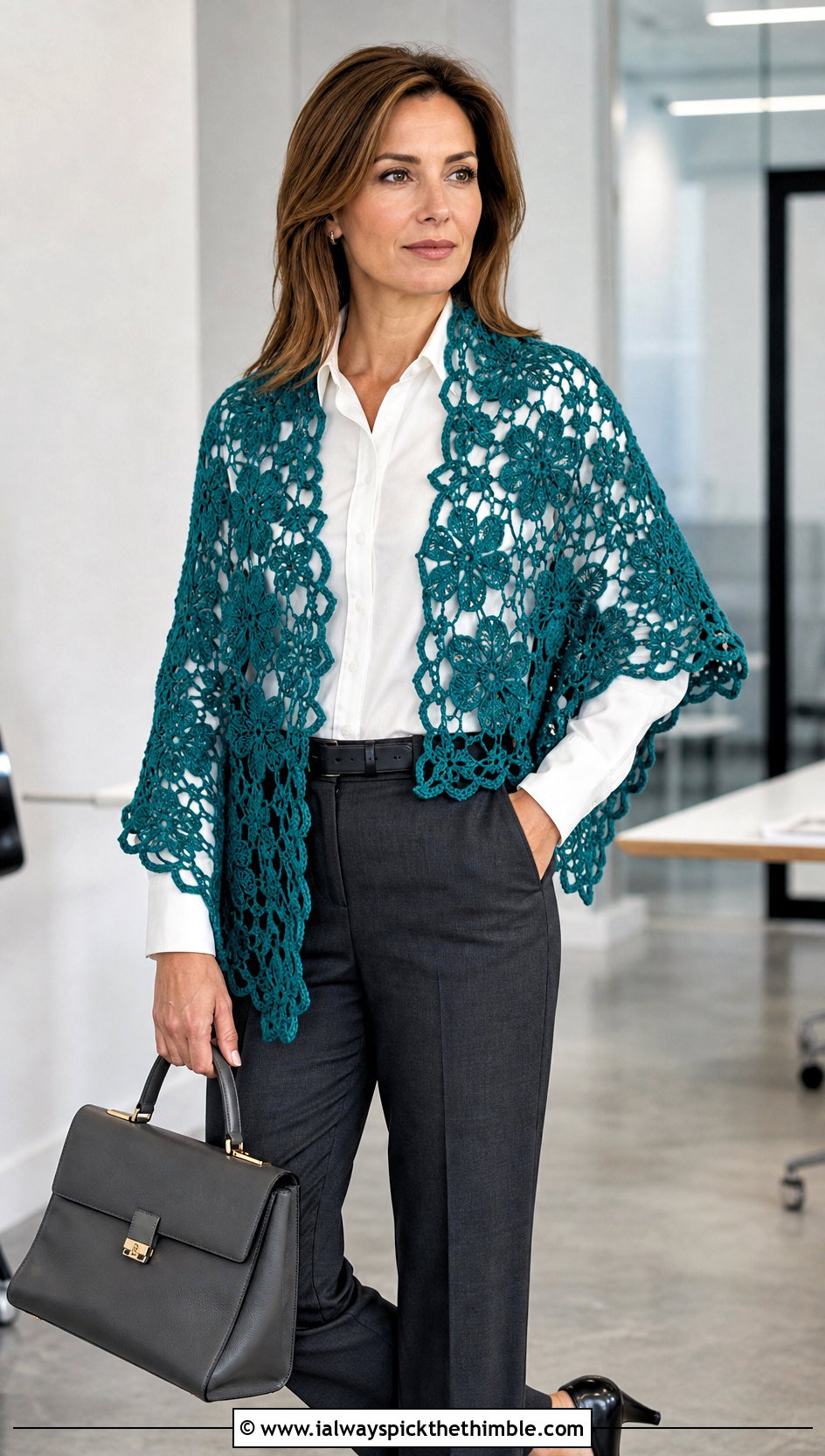 Irish Crochet Floral Lace Shawl With Tailored Trousers - 15 Crochet Floral Shawl outfit ideas